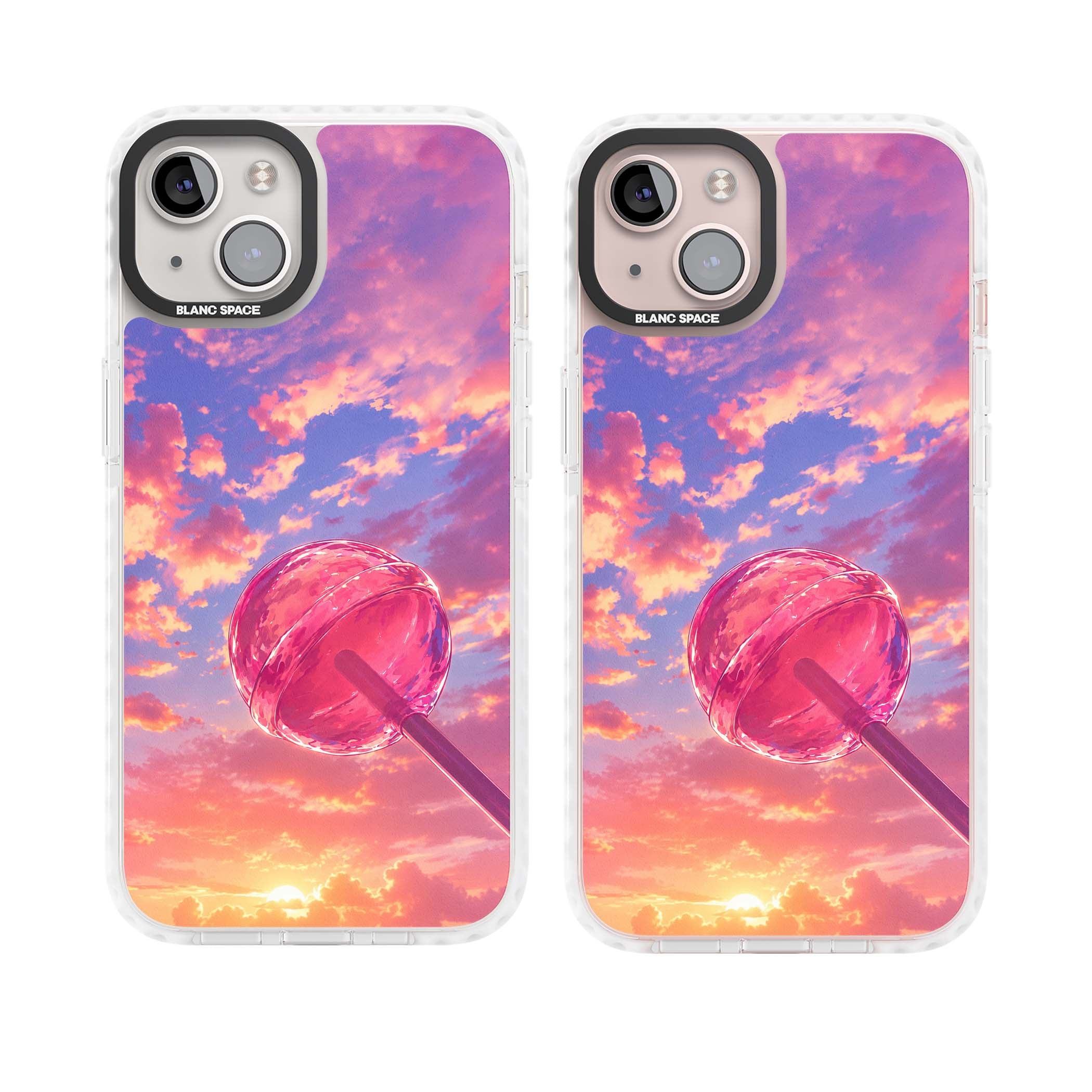 Sugar Sunset candy aesthetic iPhone case featuring a pink lollipop, pastel sunset sky and dreamy clouds | Clear Impact case for iPhone 13, iPhone 14, iPhone 15