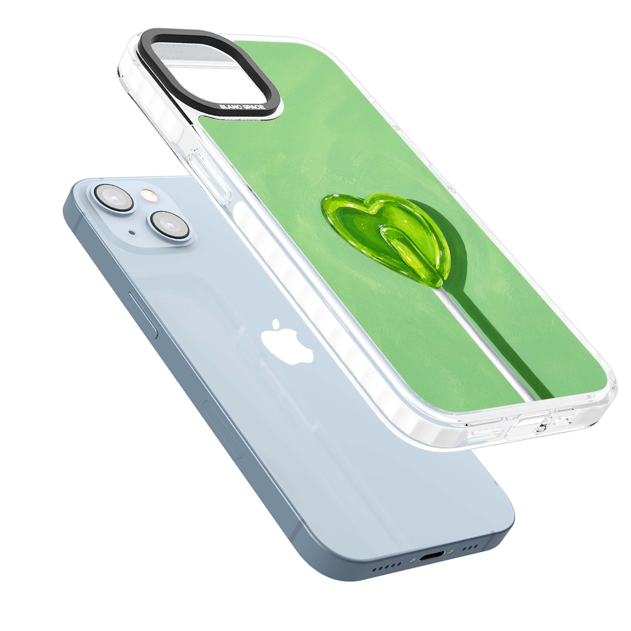 Green Lollipop candy art iPhone case featuring a glossy green heart-shaped lollipop on a painted pastel green background | Clear Impact case for iPhone 13, iPhone 14, iPhone 15