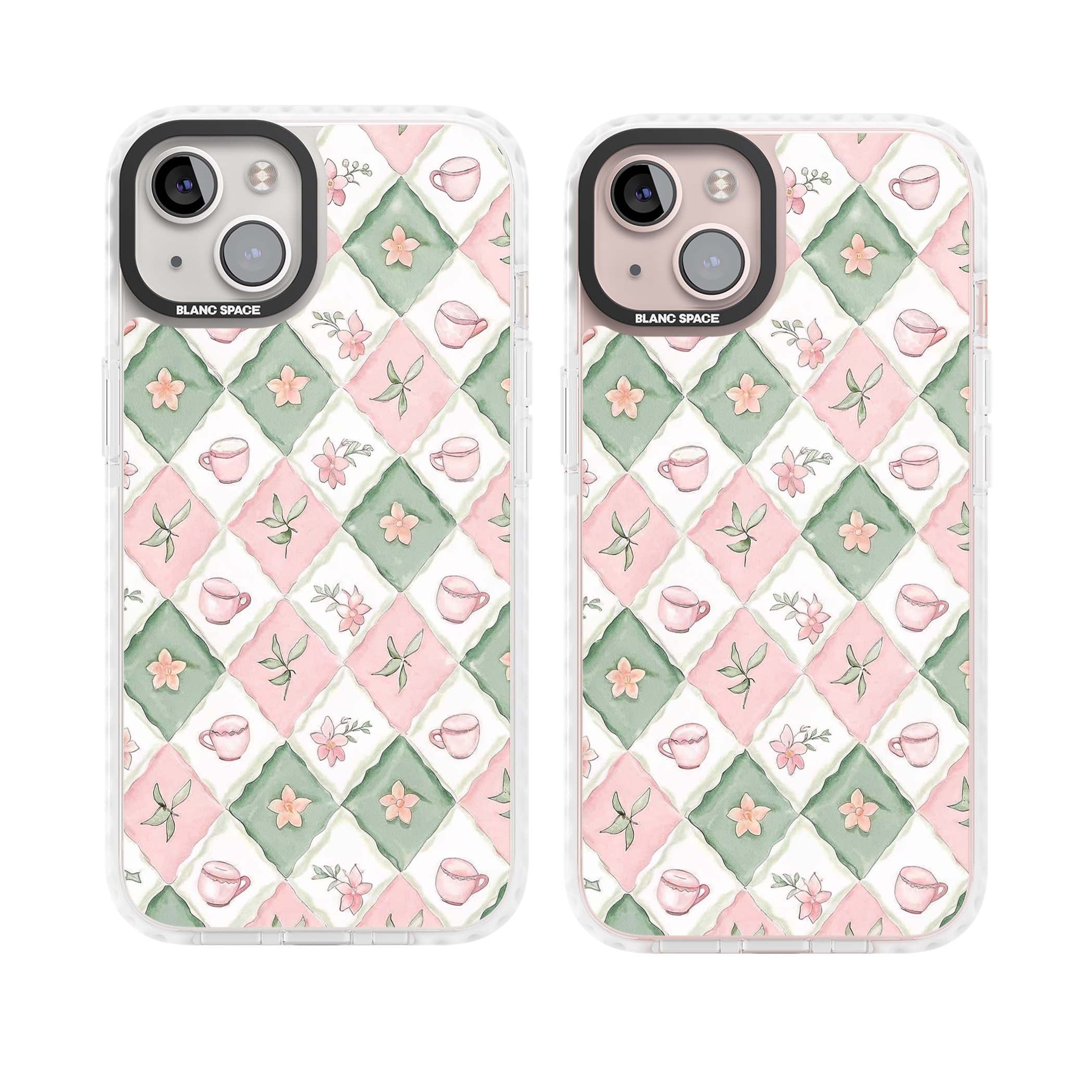 Garden Tea Party coquette iPhone case with pink and green checkered pattern, watercolour teacups and wildflowers | Clear Impact case for iPhone 13, iPhone 14, iPhone 15