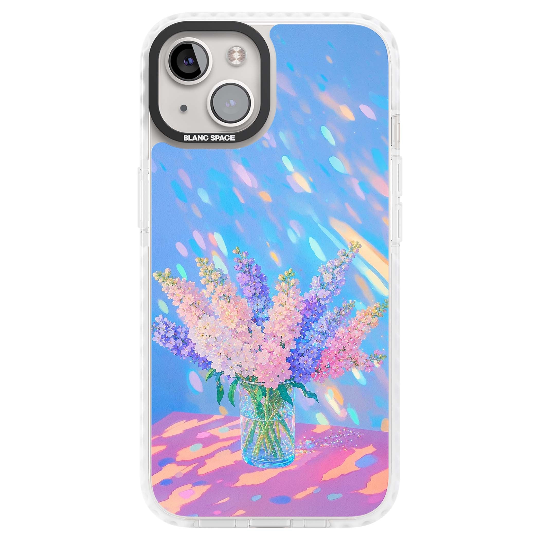 Bubblegum Flowers floral iPhone case featuring pastel lilac and pink bouquet in a glass vase with iridescent light | Clear Impact case for iPhone 13, iPhone 14, iPhone 15