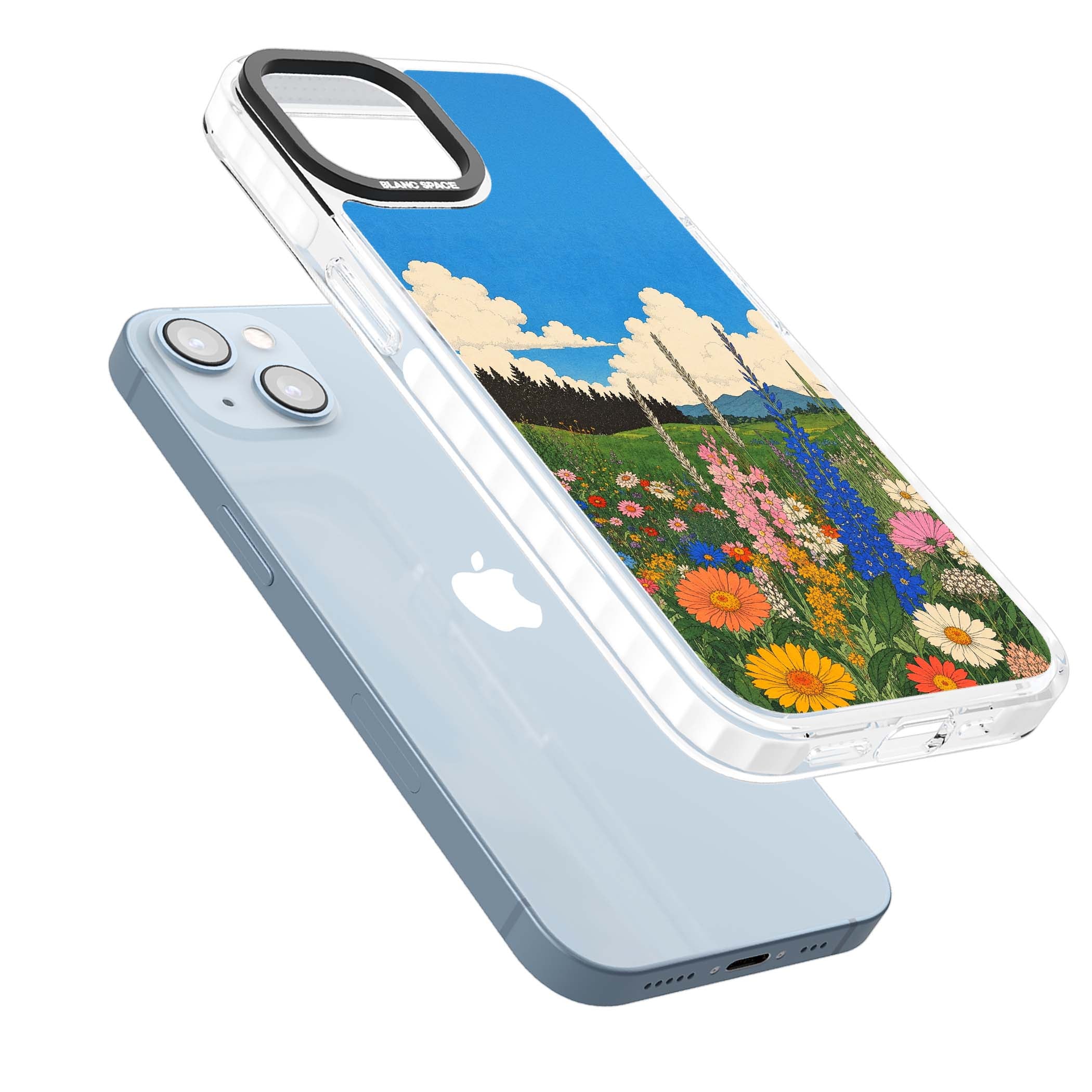 Wildbloom wildflower iPhone case featuring a vintage Japanese-style meadow landscape with daisies, delphiniums and moun | Clear Impact case for iPhone 13, iPhone 14, iPhone 15