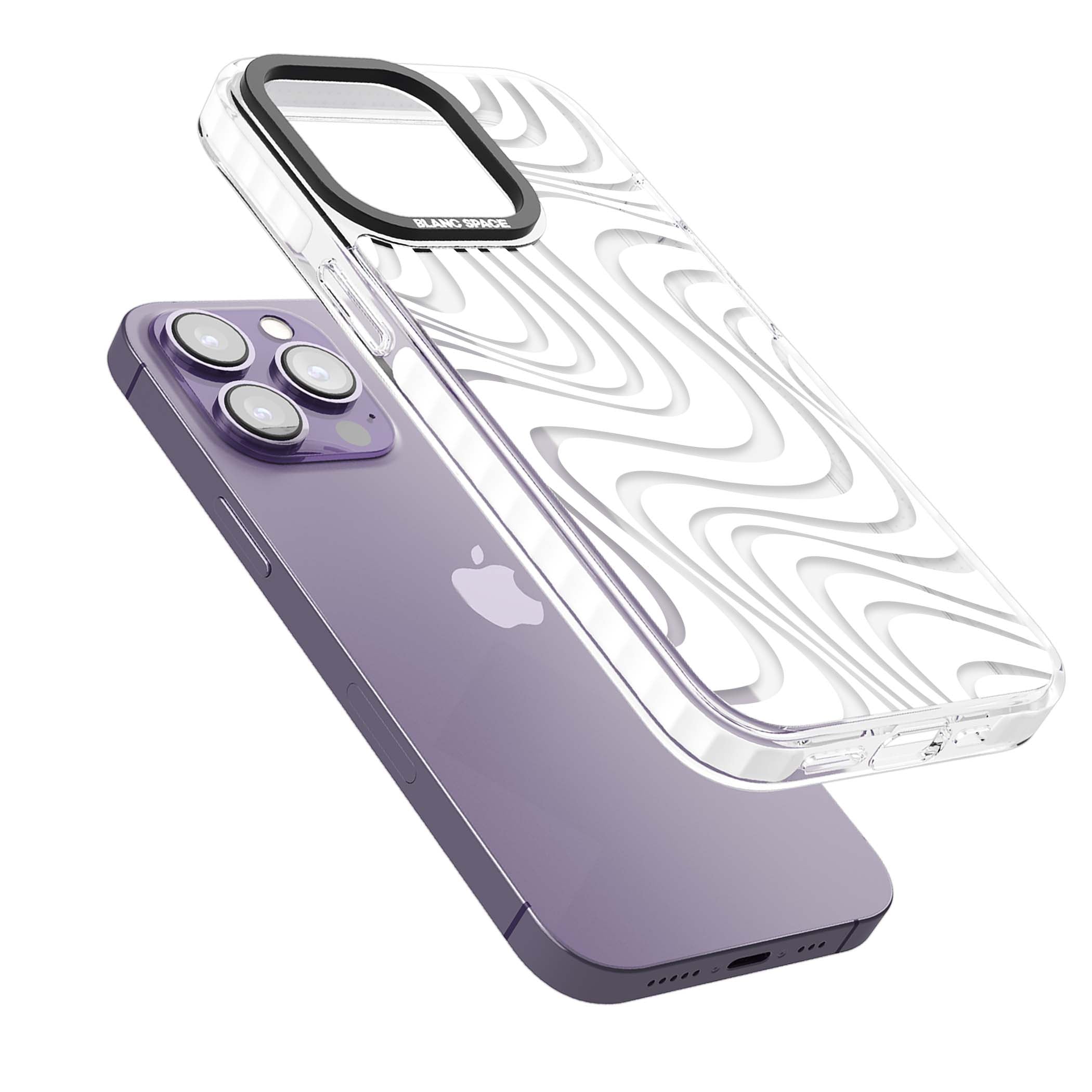 White Abstract Waves abstract iPhone case featuring flowing grey wave pattern on clear background | Clear Impact case for iPhone 13 Pro, iPhone 14 Pro, iPhone 15 Pro