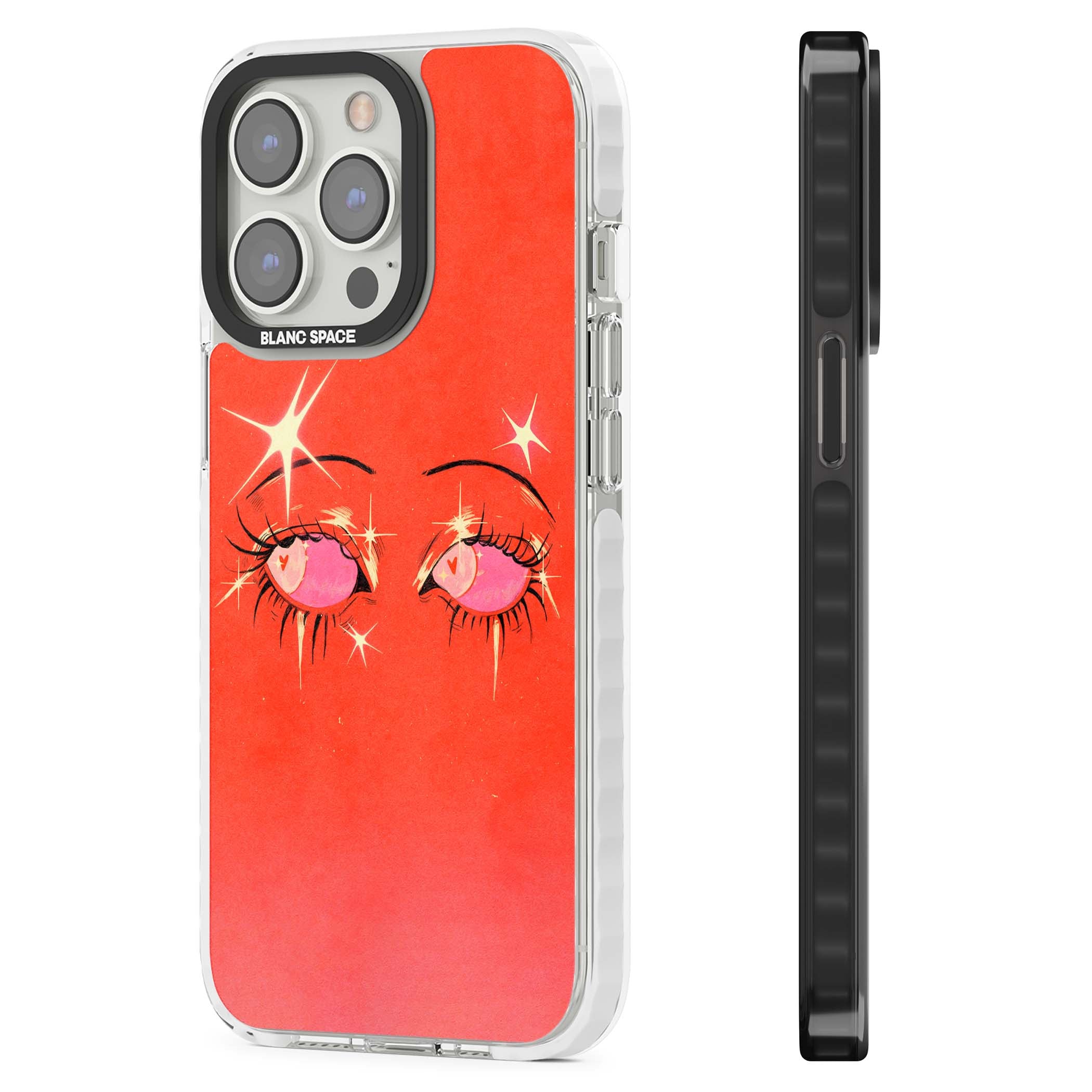 Pink Ethereal Eyes anime iPhone case featuring hand-drawn sparkly eyes with pink hearts and gold stars on red | Clear Impact case for iPhone 13 Pro, iPhone 14 Pro, iPhone 15 Pro