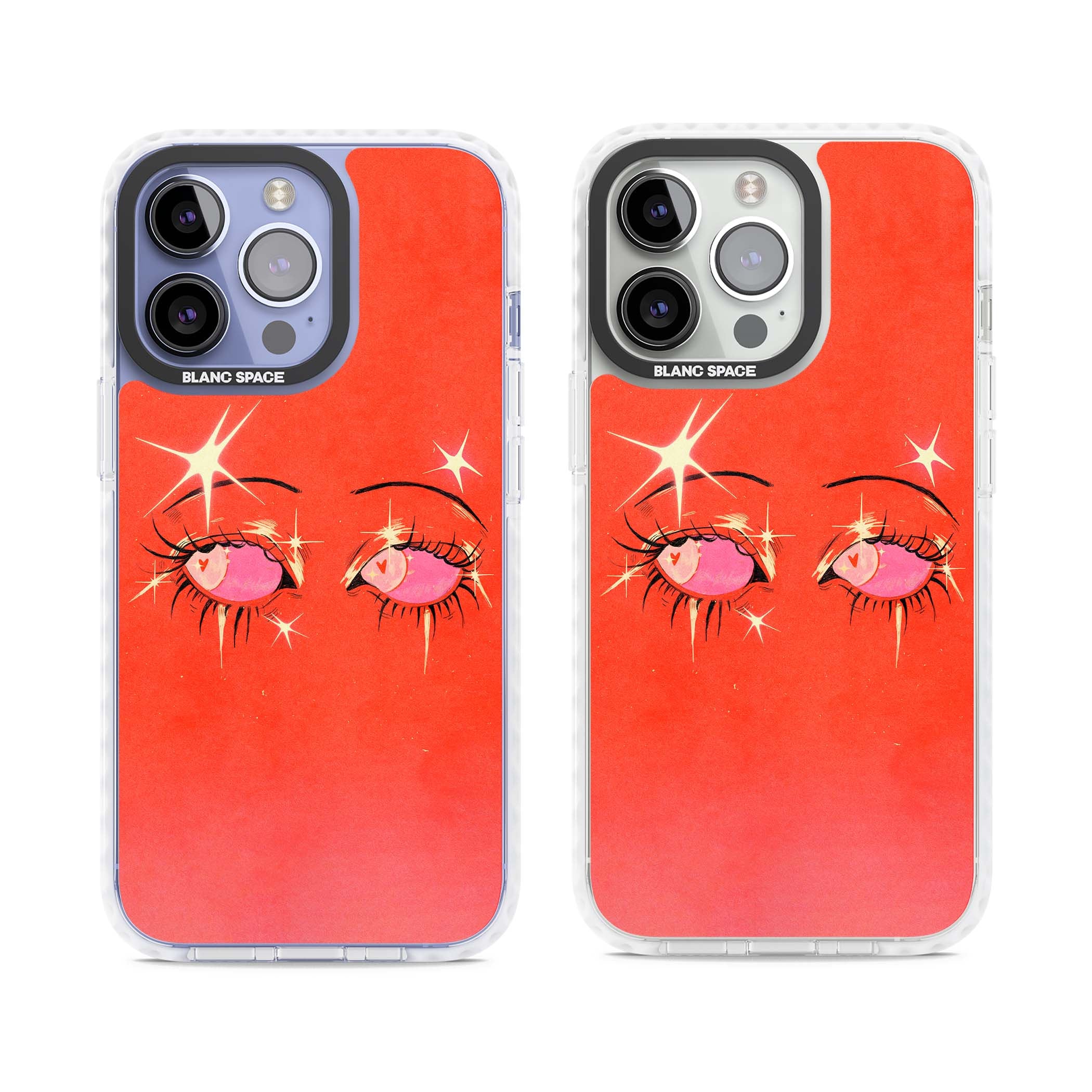 Pink Ethereal Eyes anime iPhone case featuring hand-drawn sparkly eyes with pink hearts and gold stars on red | Clear Impact case for iPhone 13 Pro, iPhone 14 Pro, iPhone 15 Pro