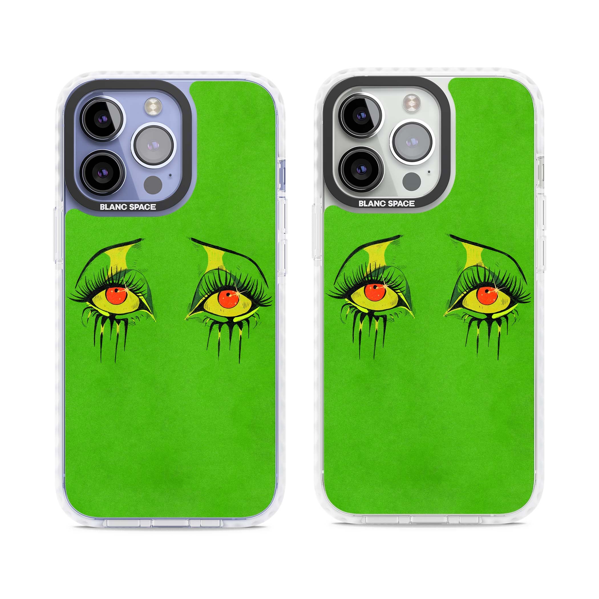 Green Enchanted Eyes psychedelic art iPhone case featuring hand-drawn dripping eyes on neon green background | Clear Impact case for iPhone 13 Pro, iPhone 14 Pro, iPhone 15 Pro