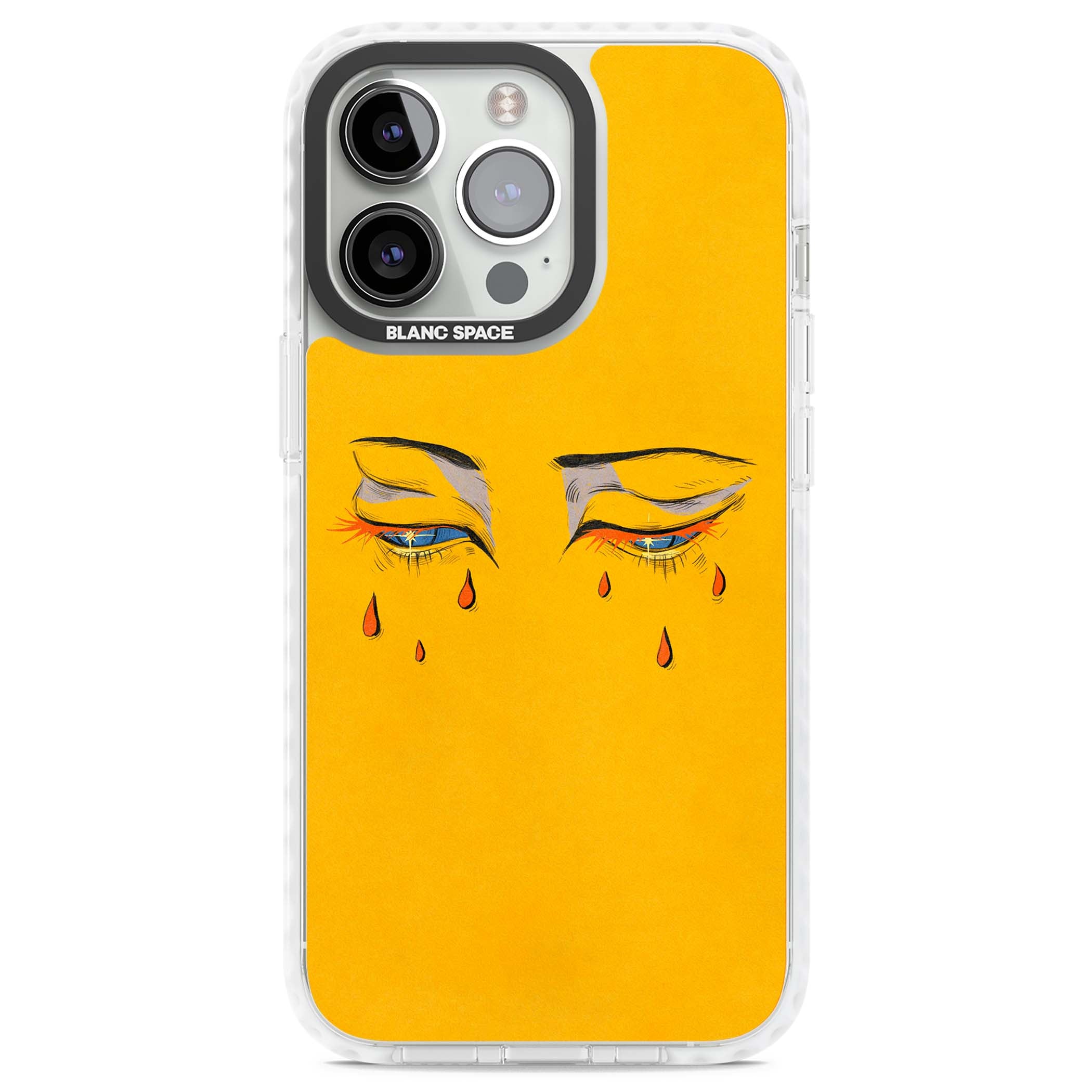 Yellow Tearful Eyes indie iPhone case featuring hand-drawn crying eyes with orange tears on a yellow background | Clear Impact case for iPhone 13 Pro, iPhone 14 Pro, iPhone 15 Pro
