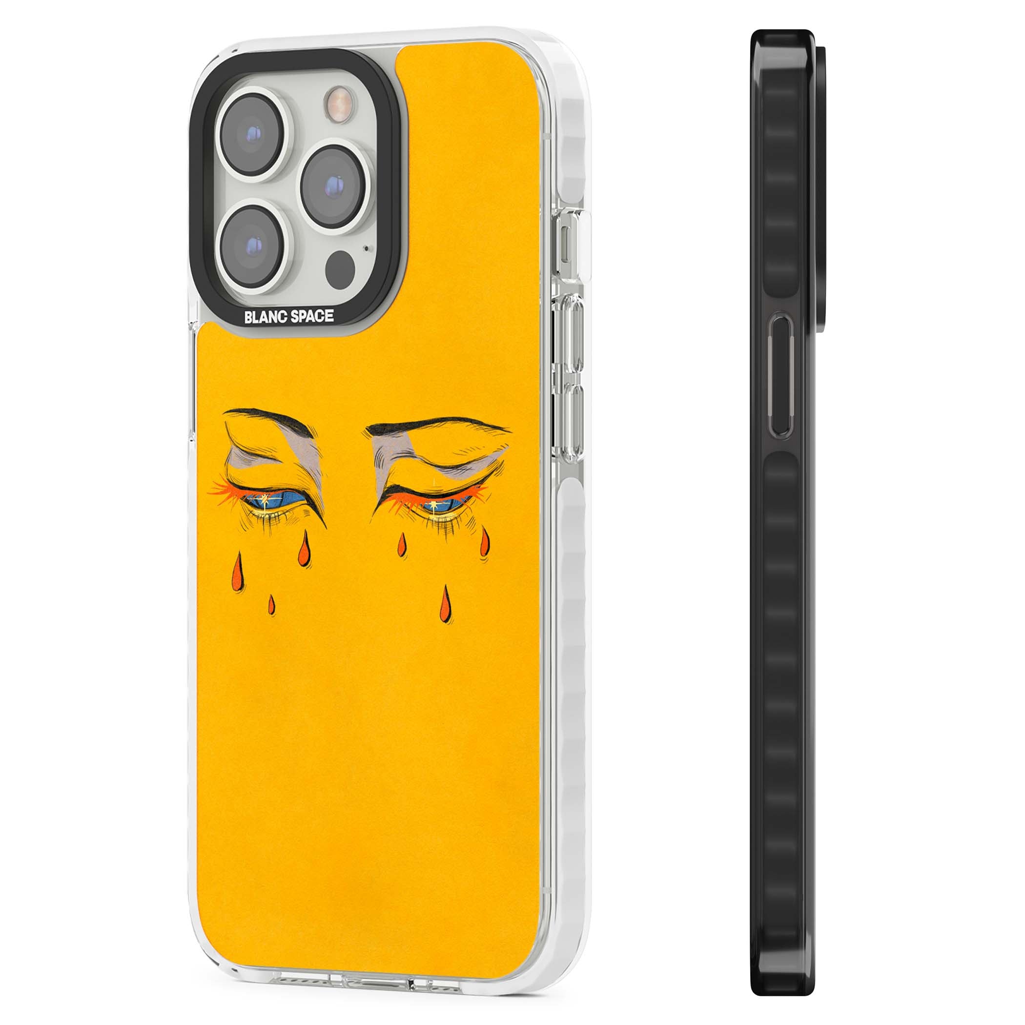 Yellow Tearful Eyes indie iPhone case featuring hand-drawn crying eyes with orange tears on a yellow background | Clear Impact case for iPhone 13 Pro, iPhone 14 Pro, iPhone 15 Pro