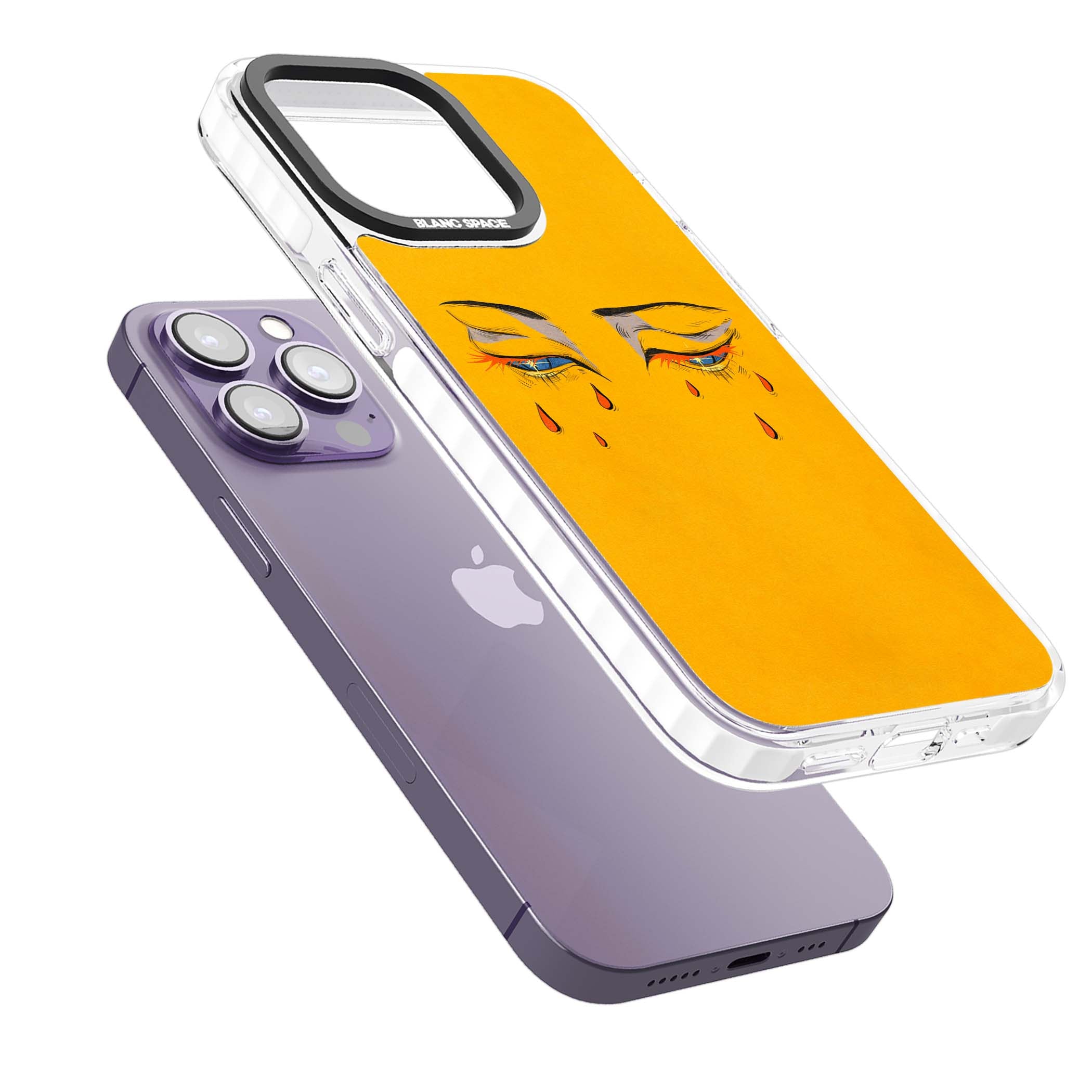 Yellow Tearful Eyes indie iPhone case featuring hand-drawn crying eyes with orange tears on a yellow background | Clear Impact case for iPhone 13 Pro, iPhone 14 Pro, iPhone 15 Pro