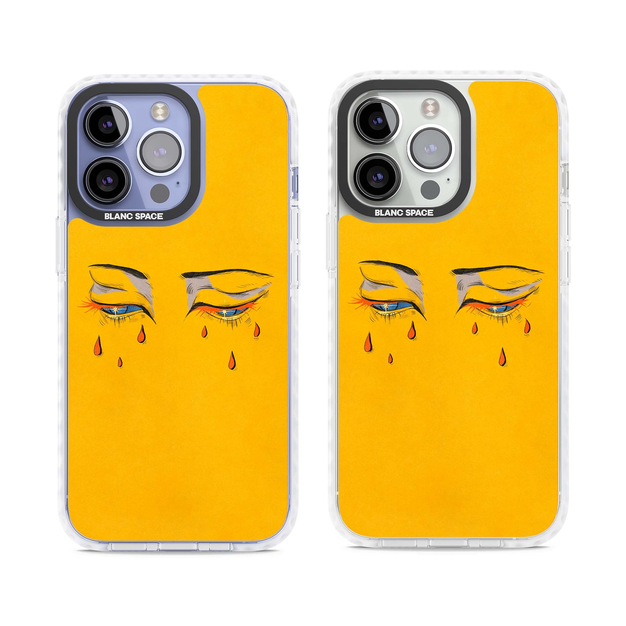 Yellow Tearful Eyes indie iPhone case featuring hand-drawn crying eyes with orange tears on a yellow background | Clear Impact case for iPhone 13 Pro, iPhone 14 Pro, iPhone 15 Pro