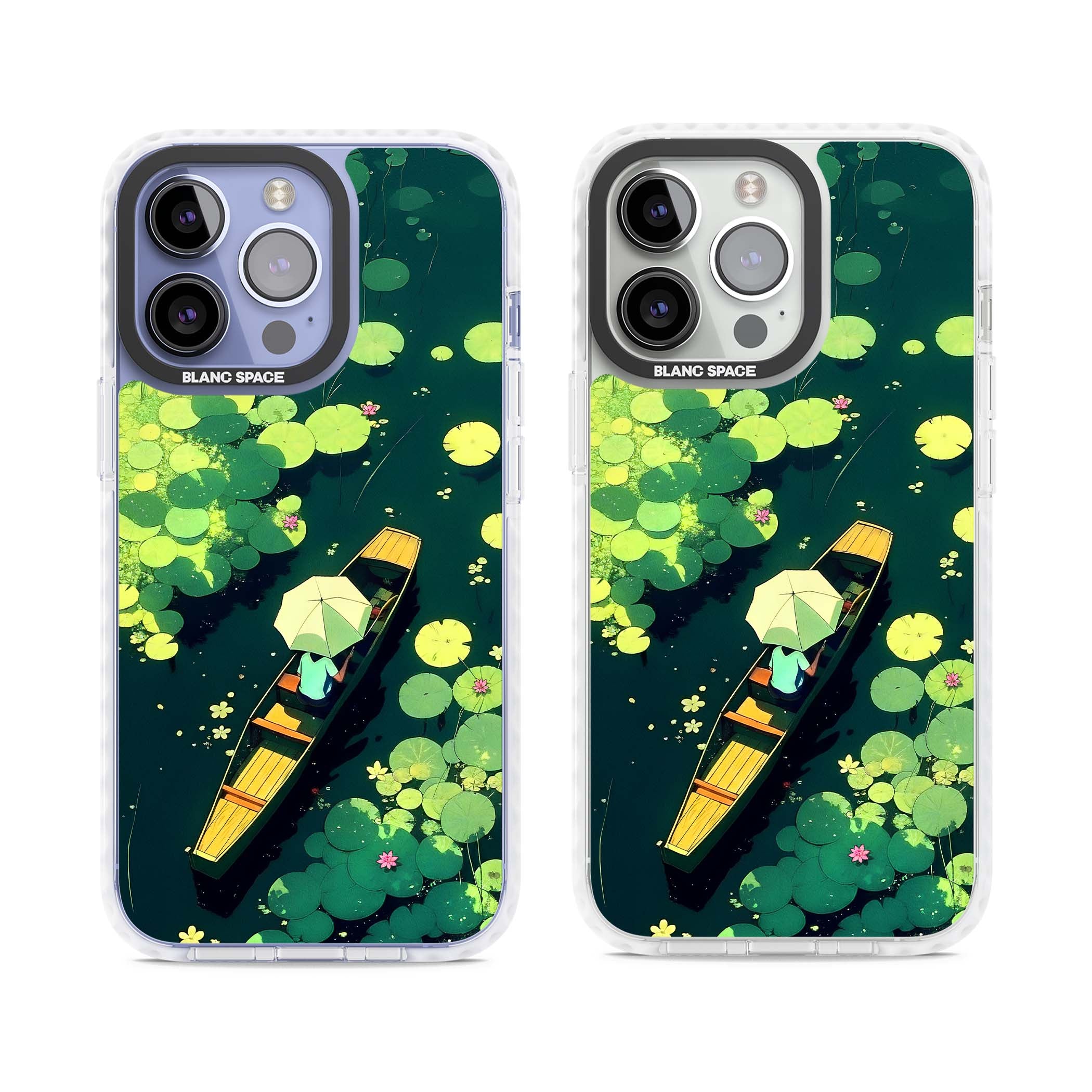 Jade Waters cottagecore iPhone case featuring a painted lily pond, wooden boat with parasol and floating water lilies | Clear Impact case for iPhone 13 Pro, iPhone 14 Pro, iPhone 15 Pro