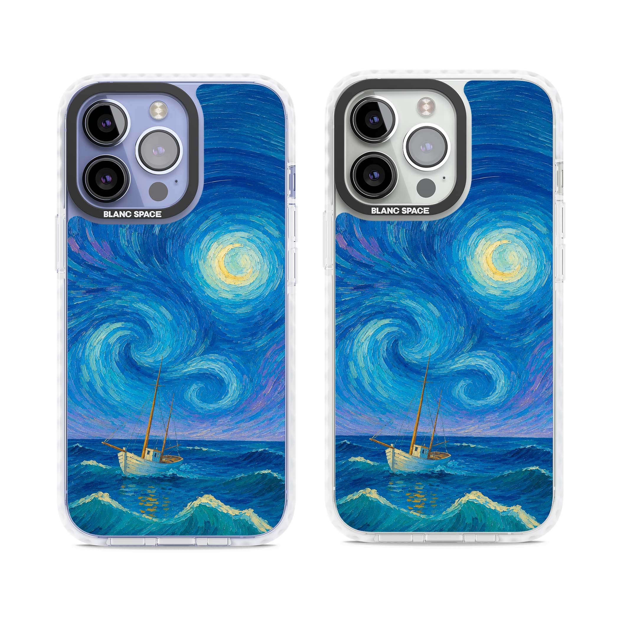 Moonlit Tide Van Gogh art iPhone case featuring swirling starry night sky, glowing moon and lone sailing boat at sea | Clear Impact case for iPhone 13 Pro, iPhone 14 Pro, iPhone 15 Pro