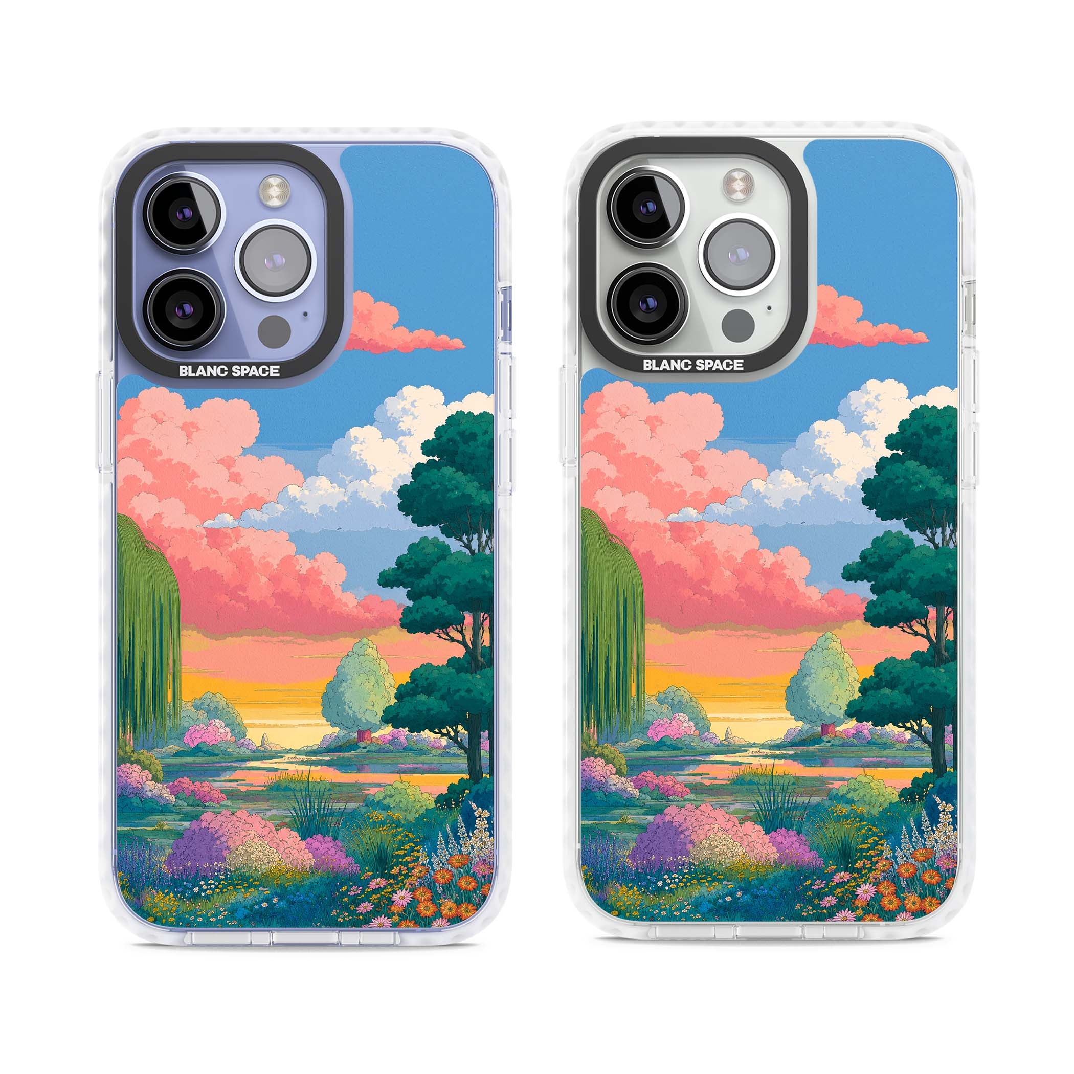 Dream Valley anime landscape iPhone case featuring pink sunset clouds, willow trees and wildflowers | Clear Impact case for iPhone 13 Pro, iPhone 14 Pro, iPhone 15 Pro