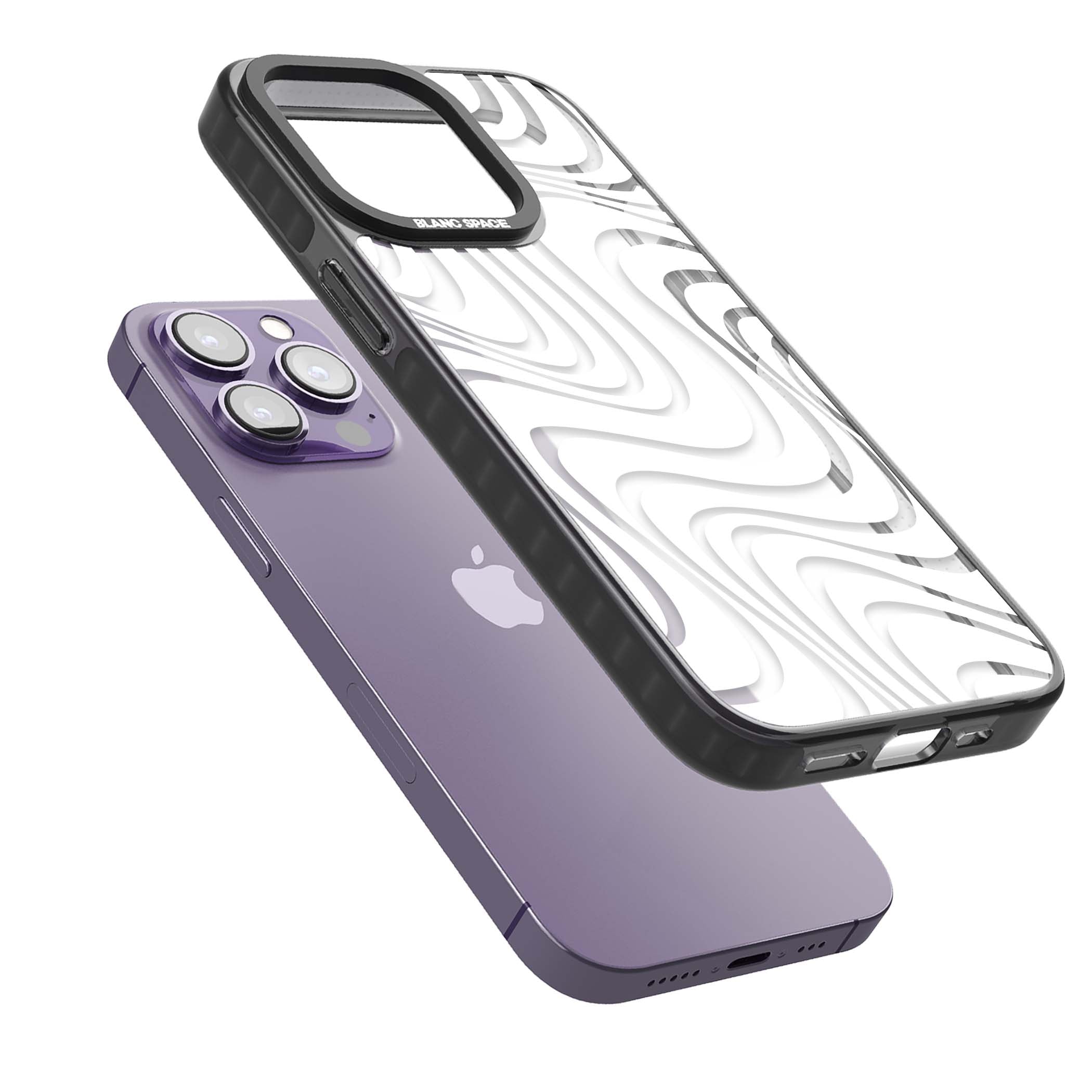 White Abstract Waves abstract iPhone case featuring flowing grey wave pattern on clear background | Black Impact case for iPhone 13 Pro, iPhone 14 Pro, iPhone 15 Pro