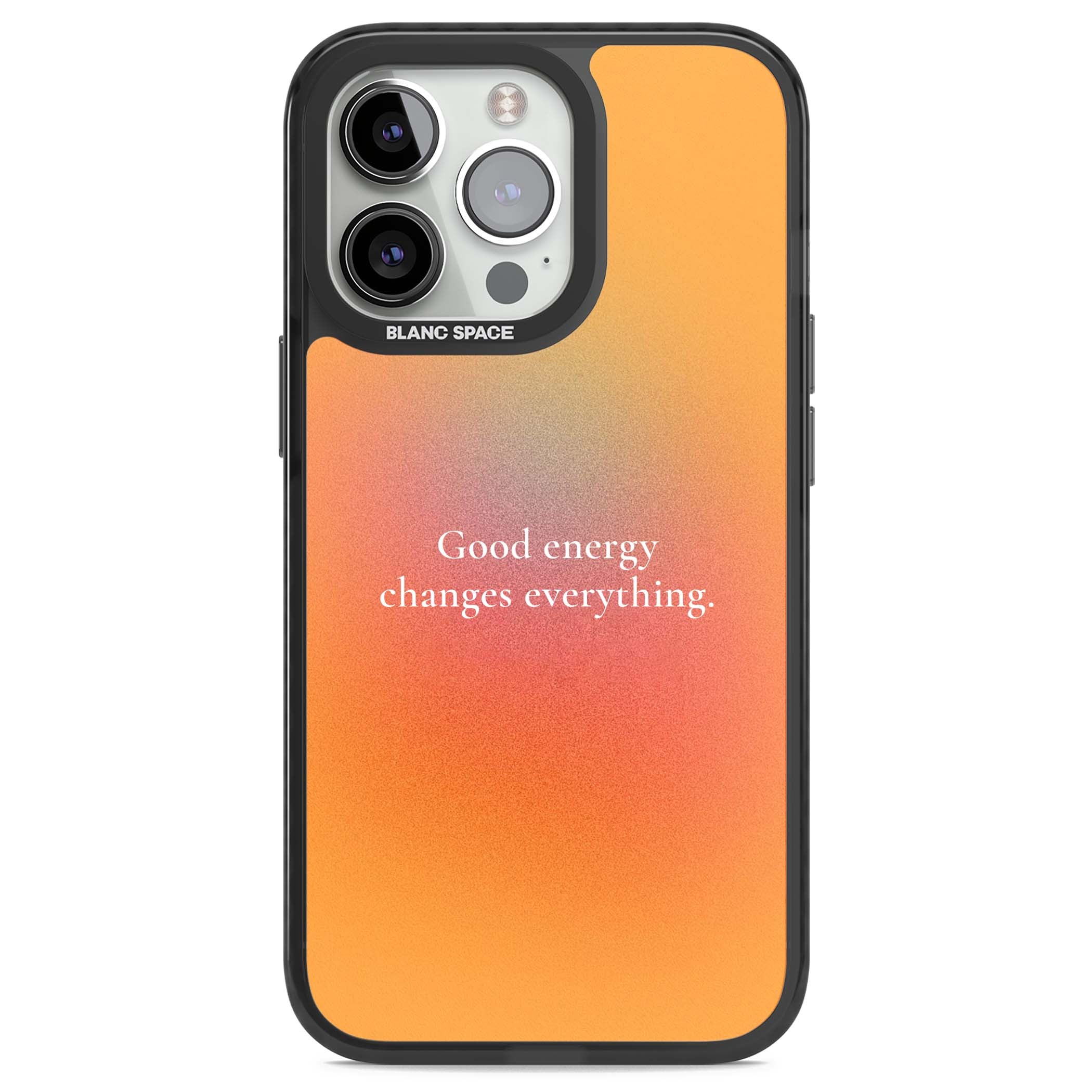 Good Energy quote iPhone case featuring an orange and pink aura gradient with white serif affirmation text | Black Impact case for iPhone 13 Pro, iPhone 14 Pro, iPhone 15 Pro