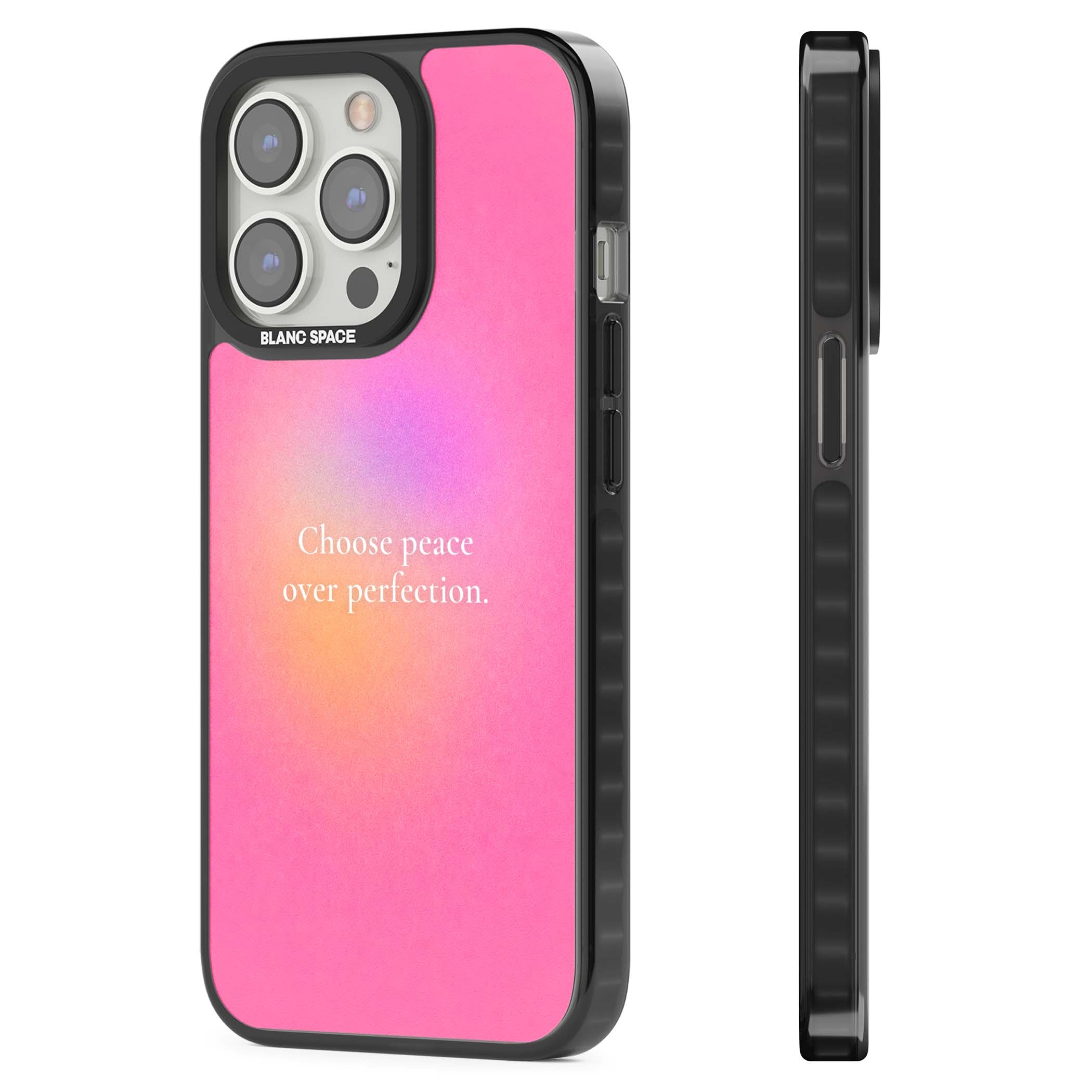 Peace Over Perfection quote iPhone case featuring a dreamy pink aura gradient and delicate white affirmation text | Black Impact case for iPhone 13 Pro, iPhone 14 Pro, iPhone 15 Pro