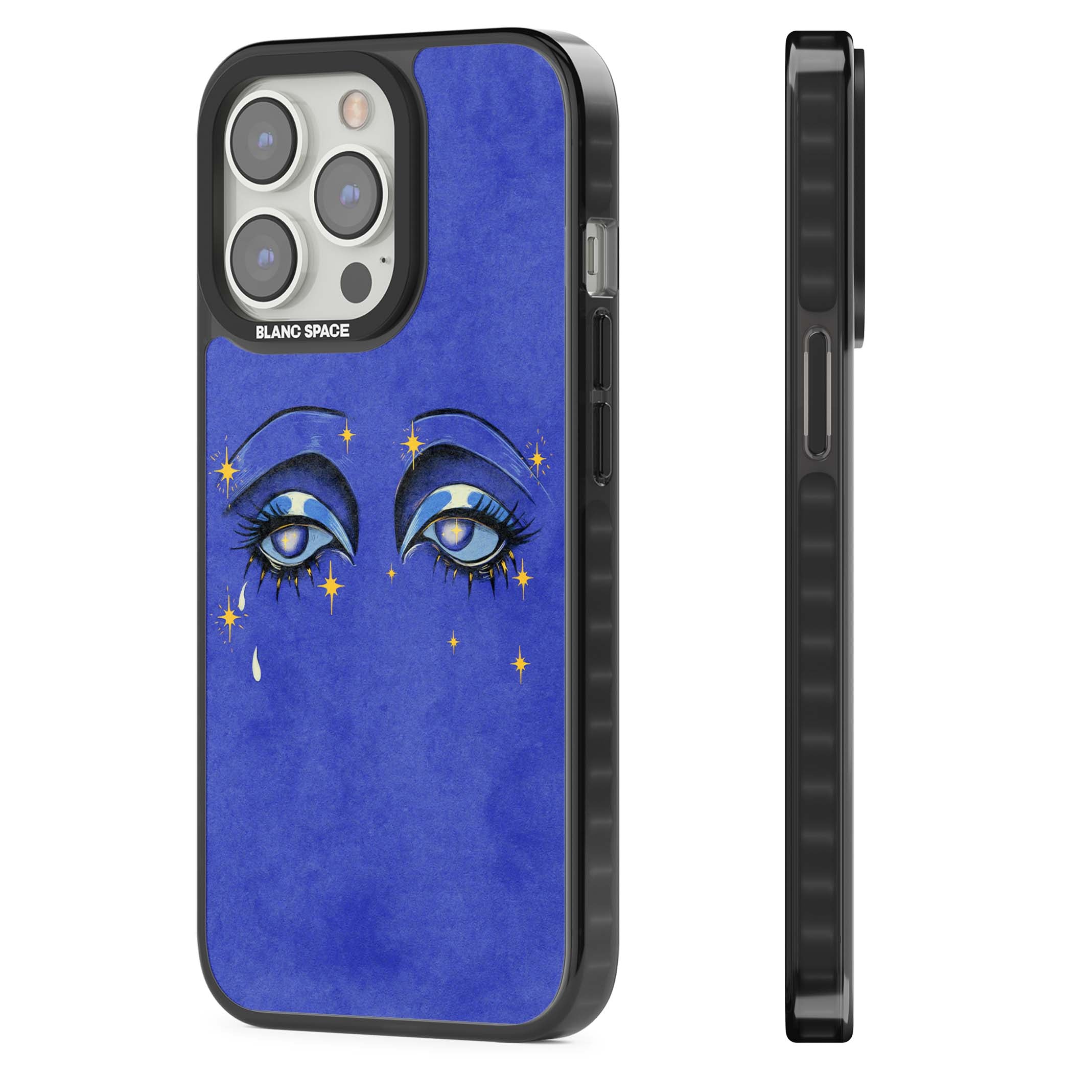 Blue Mystic Eyes celestial iPhone case featuring hand drawn blue mystical eyes, golden stars and a painted tear on indigo | Black Impact case for iPhone 13 Pro, iPhone 14 Pro, iPhone 15 Pro