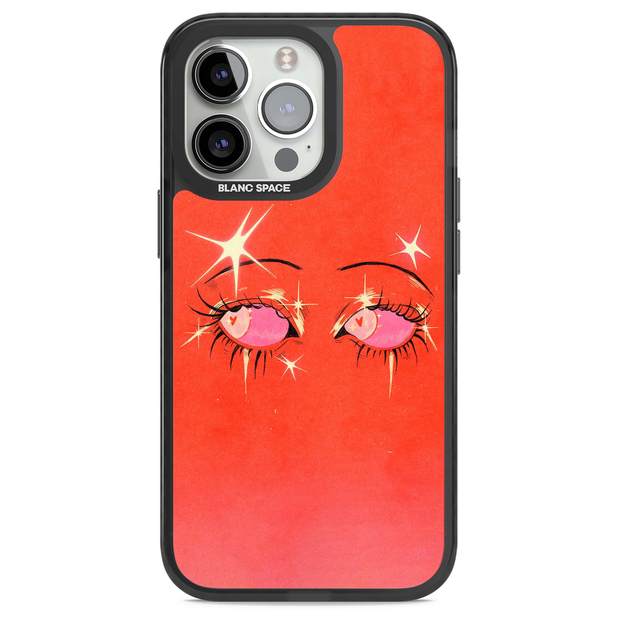 Pink Ethereal Eyes anime iPhone case featuring hand-drawn sparkly eyes with pink hearts and gold stars on red | Black Impact case for iPhone 13 Pro, iPhone 14 Pro, iPhone 15 Pro