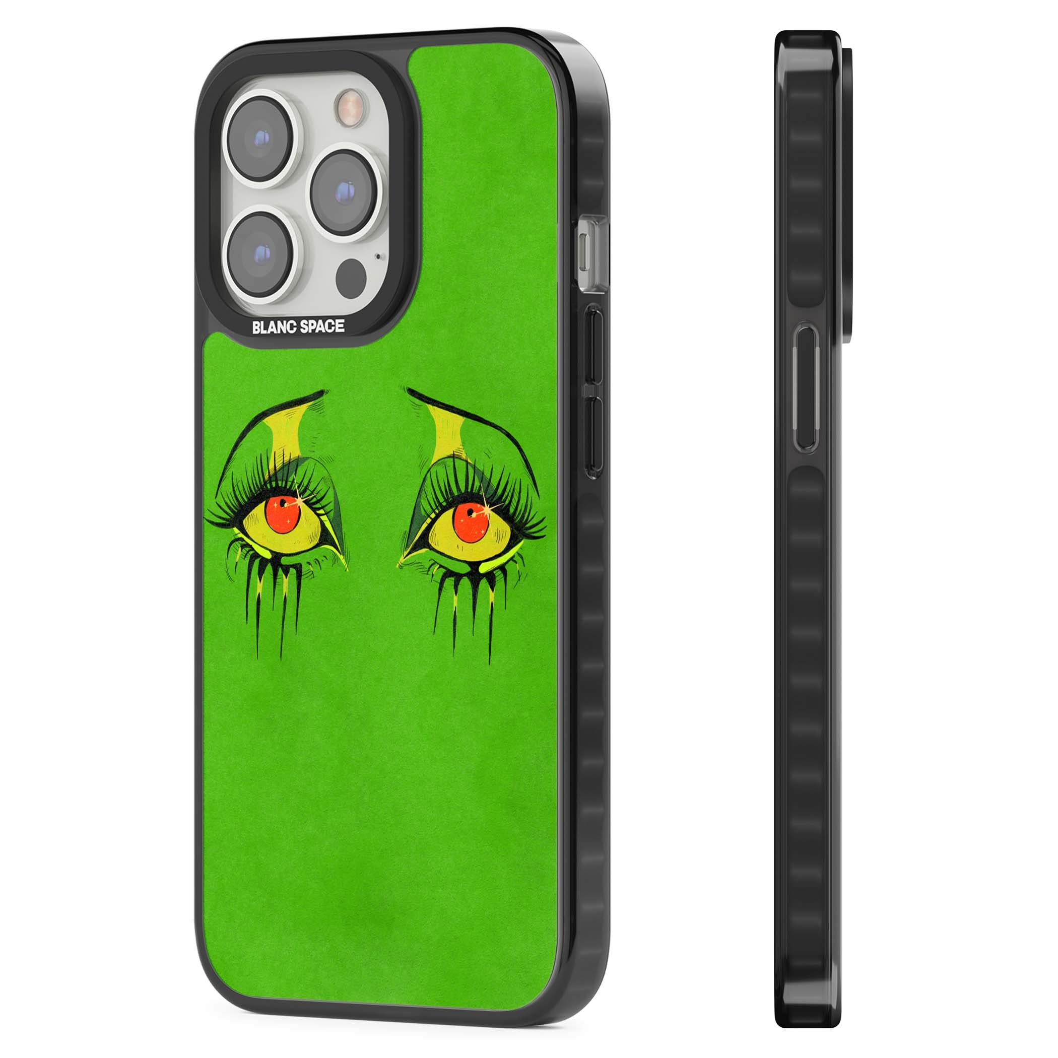 Green Enchanted Eyes psychedelic art iPhone case featuring hand-drawn dripping eyes on neon green background | Black Impact case for iPhone 13 Pro, iPhone 14 Pro, iPhone 15 Pro