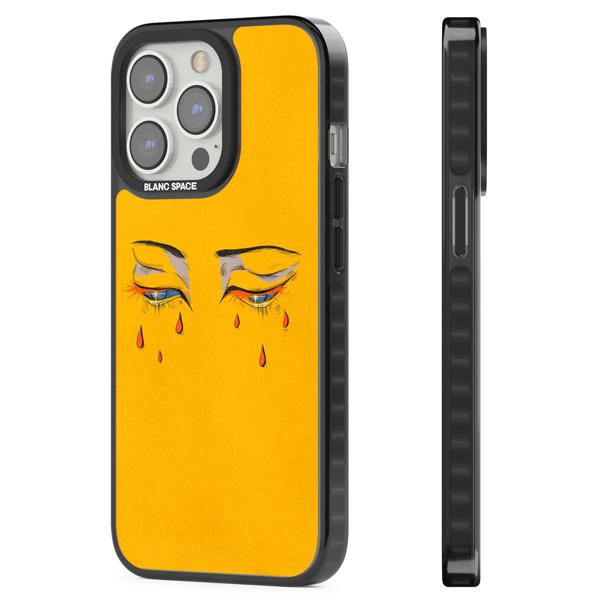Yellow Tearful Eyes indie iPhone case featuring hand-drawn crying eyes with orange tears on a yellow background | Black Impact case for iPhone 13 Pro, iPhone 14 Pro, iPhone 15 Pro