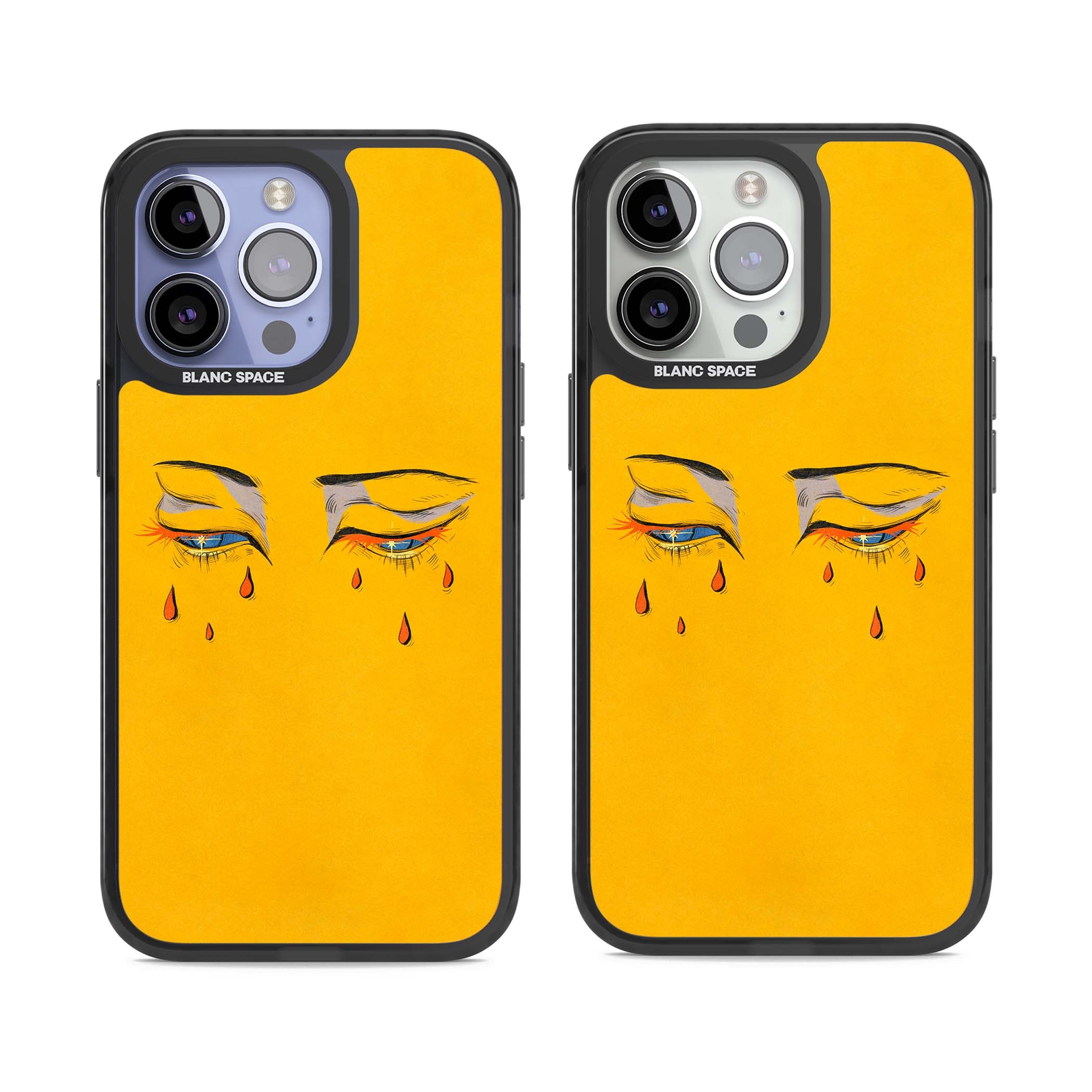 Yellow Tearful Eyes indie iPhone case featuring hand-drawn crying eyes with orange tears on a yellow background | Black Impact case for iPhone 13 Pro, iPhone 14 Pro, iPhone 15 Pro