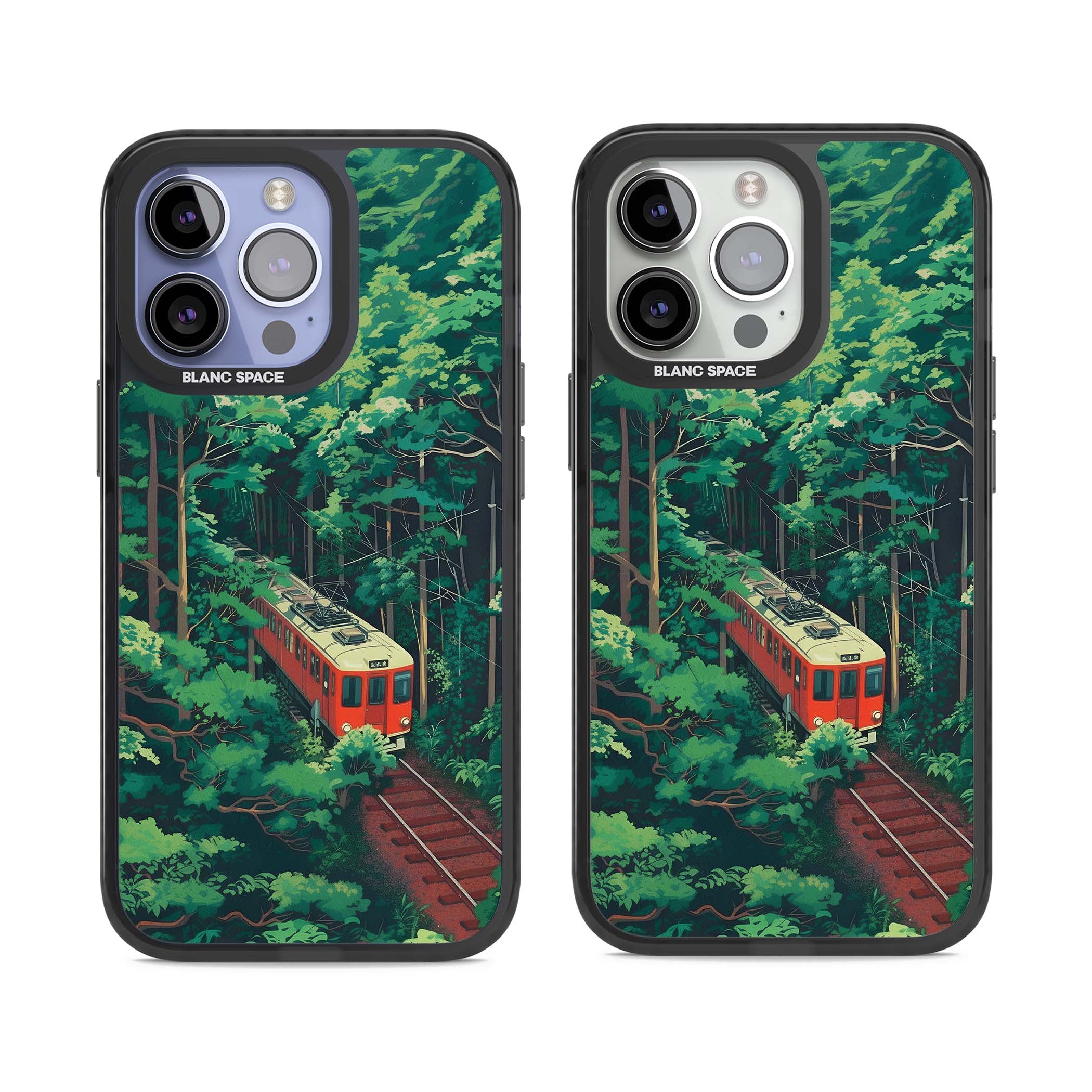 Railway In Toyama Japanese iPhone case featuring a red train, cedar forest and winding mountain railway tracks | Black Impact case for iPhone 13 Pro, iPhone 14 Pro, iPhone 15 Pro