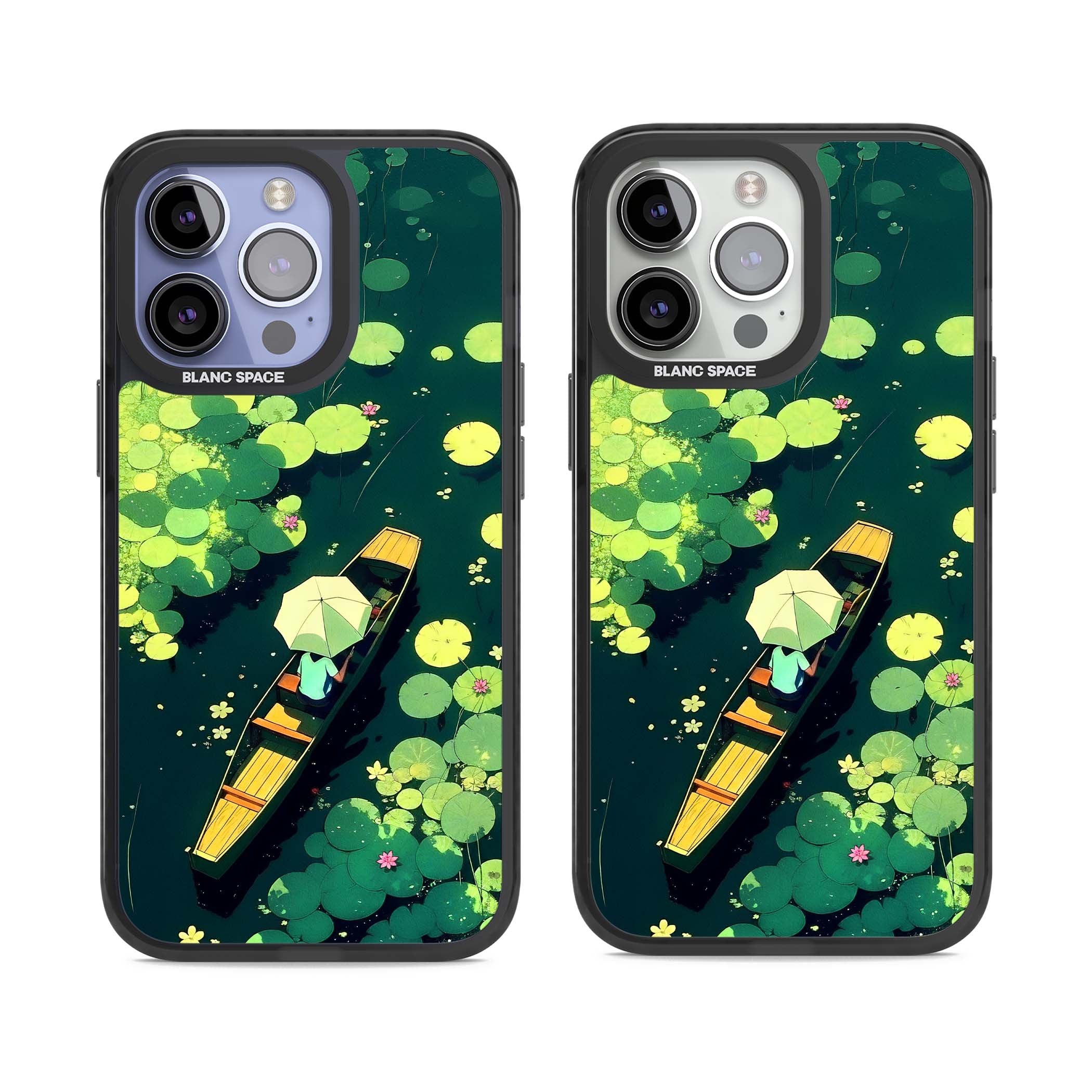 Jade Waters cottagecore iPhone case featuring a painted lily pond, wooden boat with parasol and floating water lilies | Black Impact case for iPhone 13 Pro, iPhone 14 Pro, iPhone 15 Pro