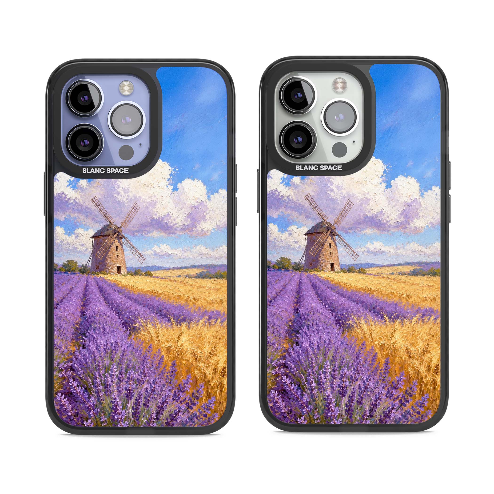 Lavender Mill cottagecore iPhone case featuring a French windmill, lavender field and golden wheat oil painting | Black Impact case for iPhone 13 Pro, iPhone 14 Pro, iPhone 15 Pro