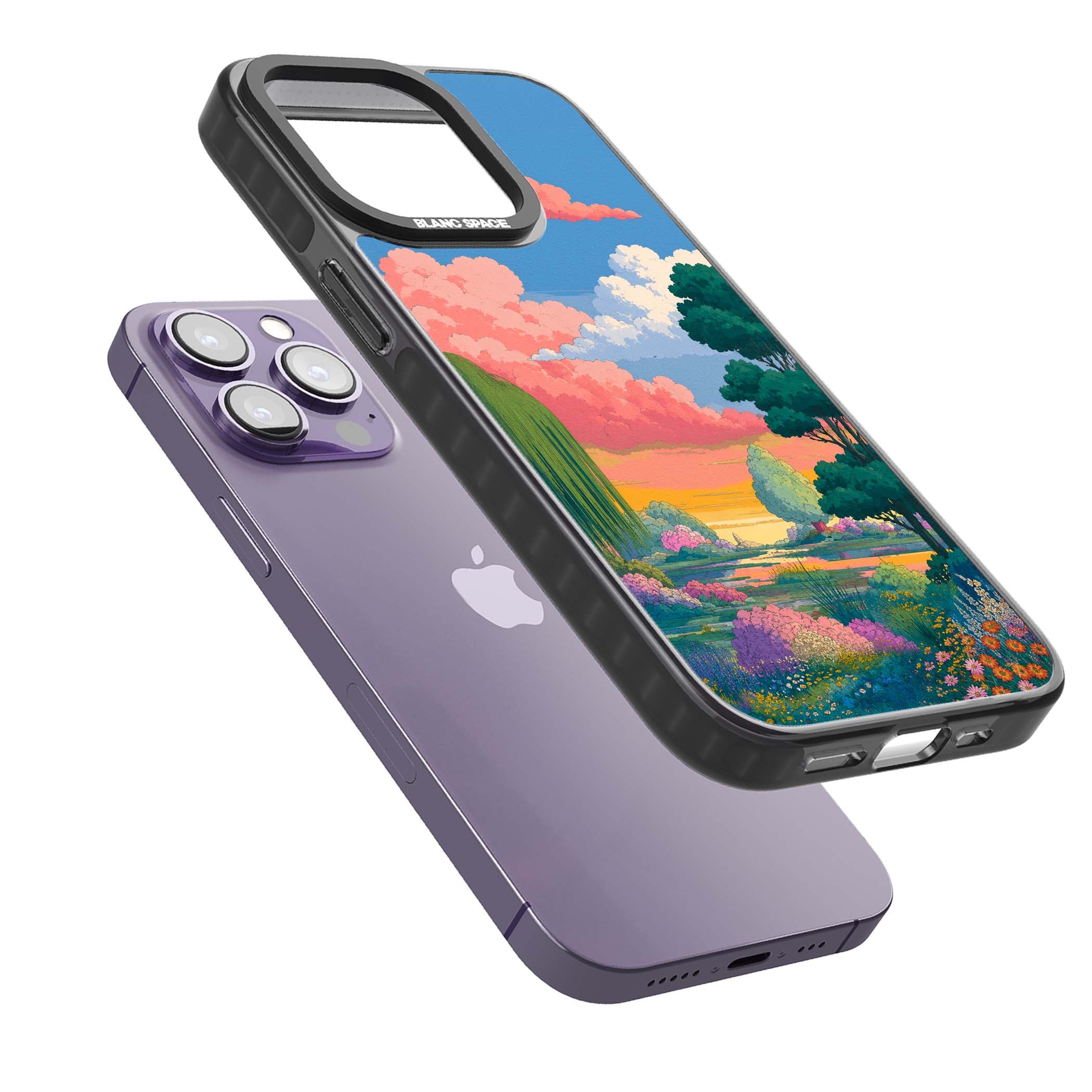 Dream Valley anime landscape iPhone case featuring pink sunset clouds, willow trees and wildflowers | Black Impact case for iPhone 13 Pro, iPhone 14 Pro, iPhone 15 Pro