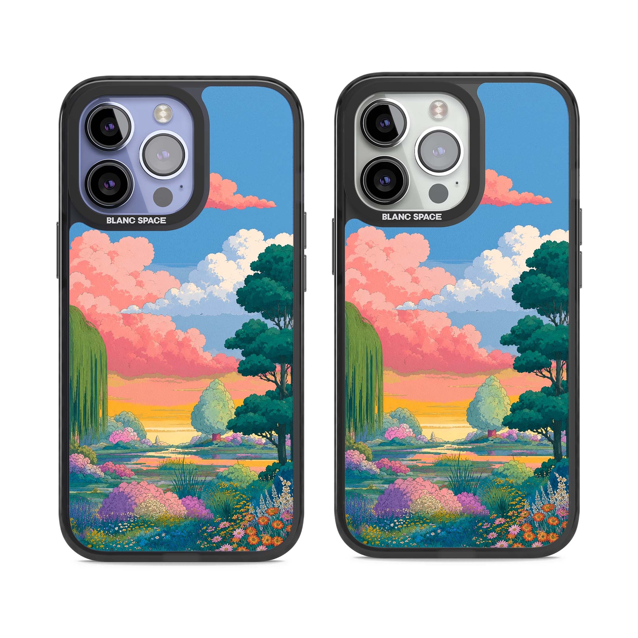 Dream Valley anime landscape iPhone case featuring pink sunset clouds, willow trees and wildflowers | Black Impact case for iPhone 13 Pro, iPhone 14 Pro, iPhone 15 Pro
