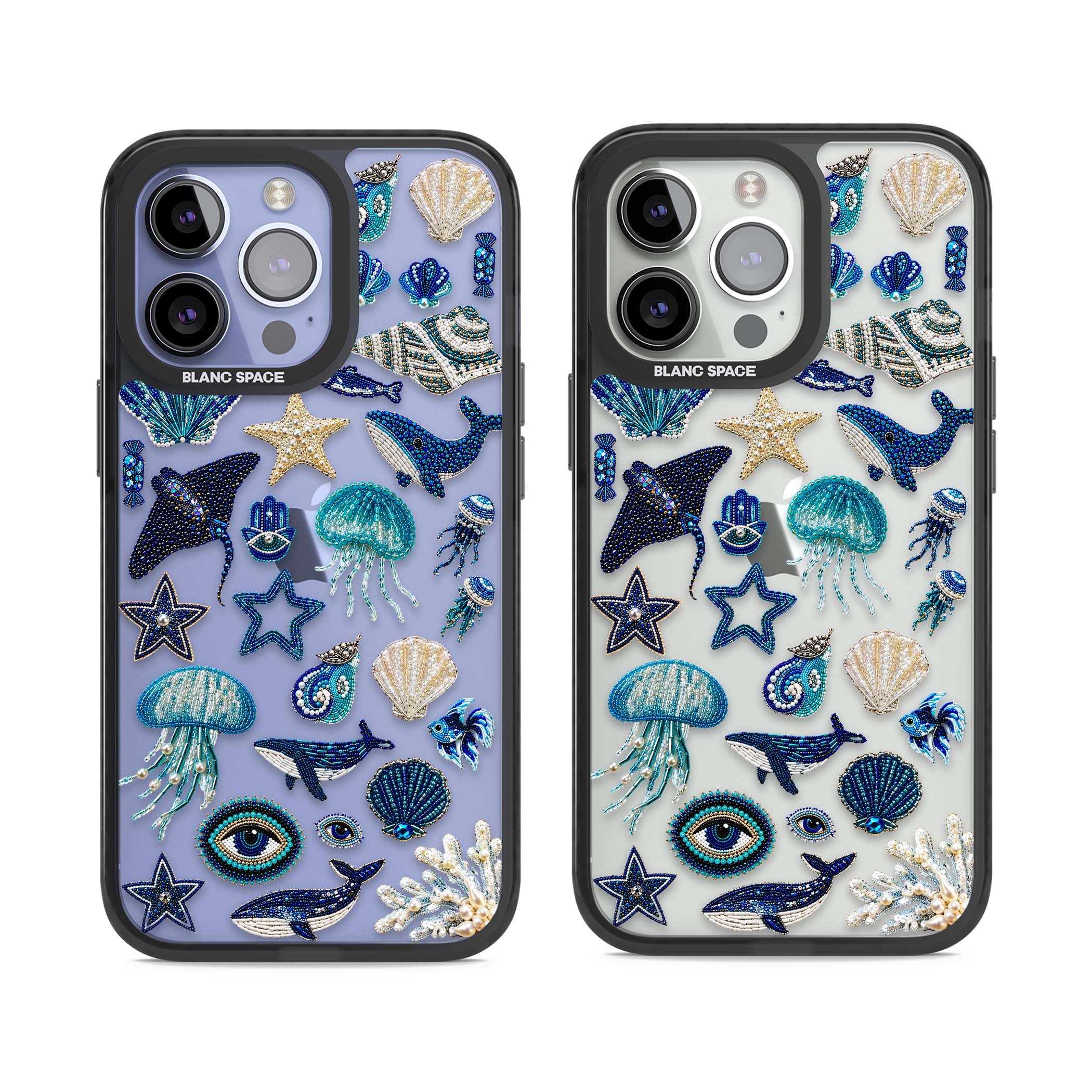 Beaded Coastal coastal iPhone case featuring embroidered seashells, jellyfish and a blue whale on clear | Black Impact case for iPhone 13 Pro, iPhone 14 Pro, iPhone 15 Pro