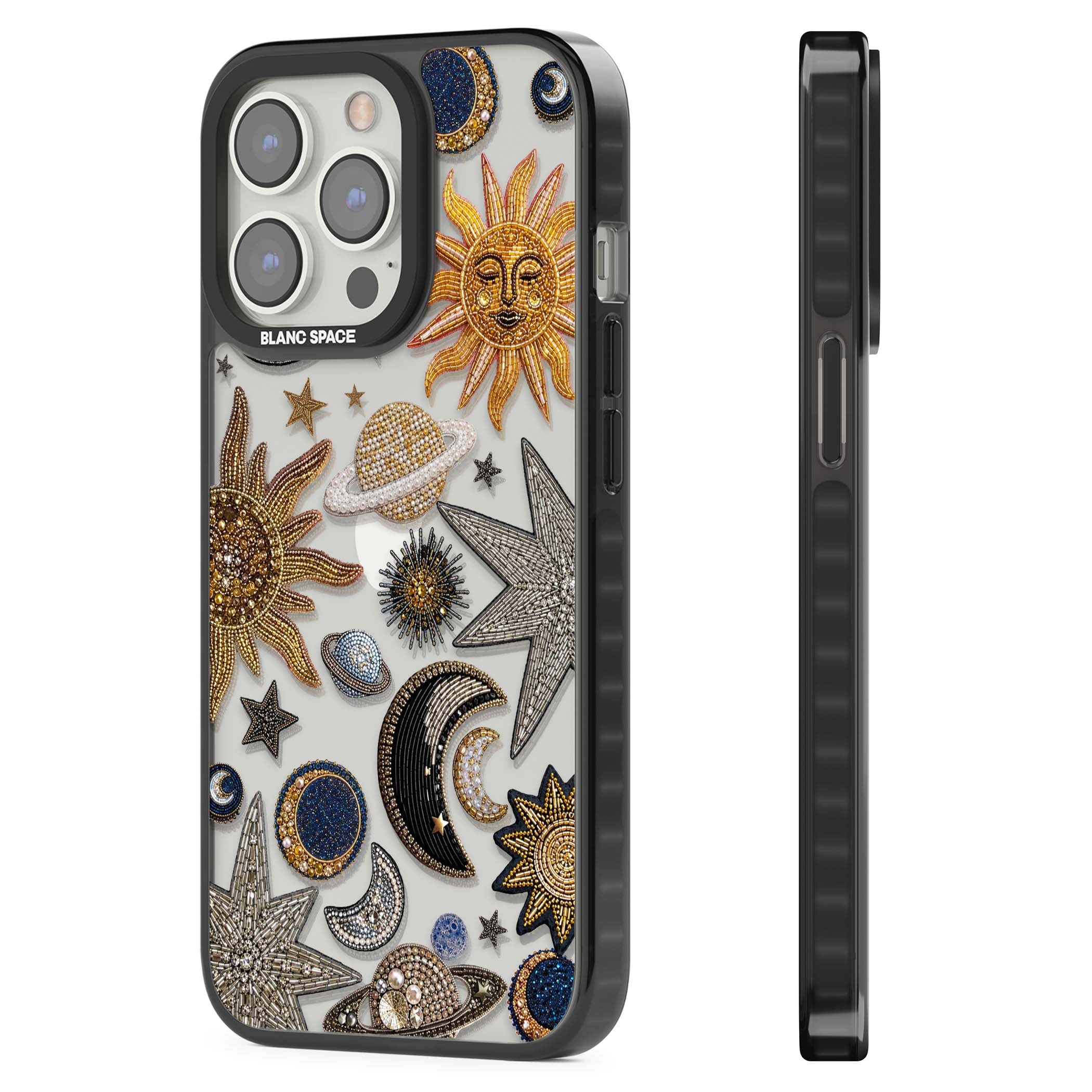 Beaded Cosmos celestial iPhone case featuring embroidered golden suns, beaded planets and silver shooting stars | Black Impact case for iPhone 13 Pro, iPhone 14 Pro, iPhone 15 Pro
