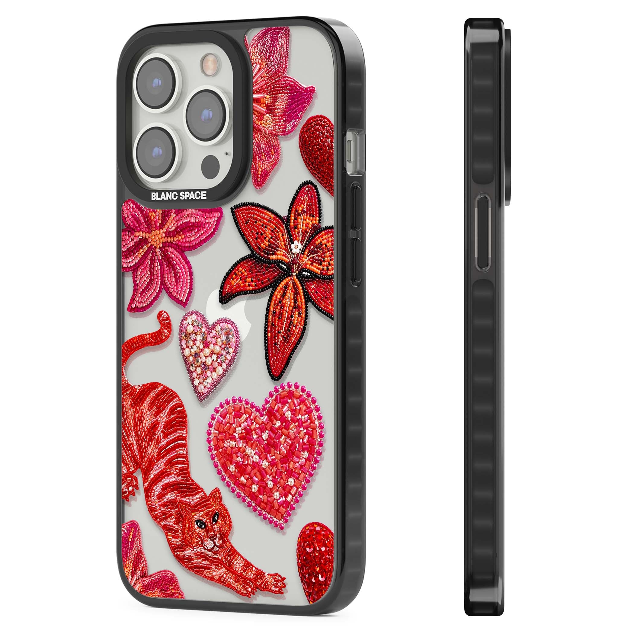 Beaded Boho floral iPhone case featuring beaded red lilies, a stitched tiger, and pearl-encrusted hearts on clear | Black Impact case for iPhone 13 Pro, iPhone 14 Pro, iPhone 15 Pro
