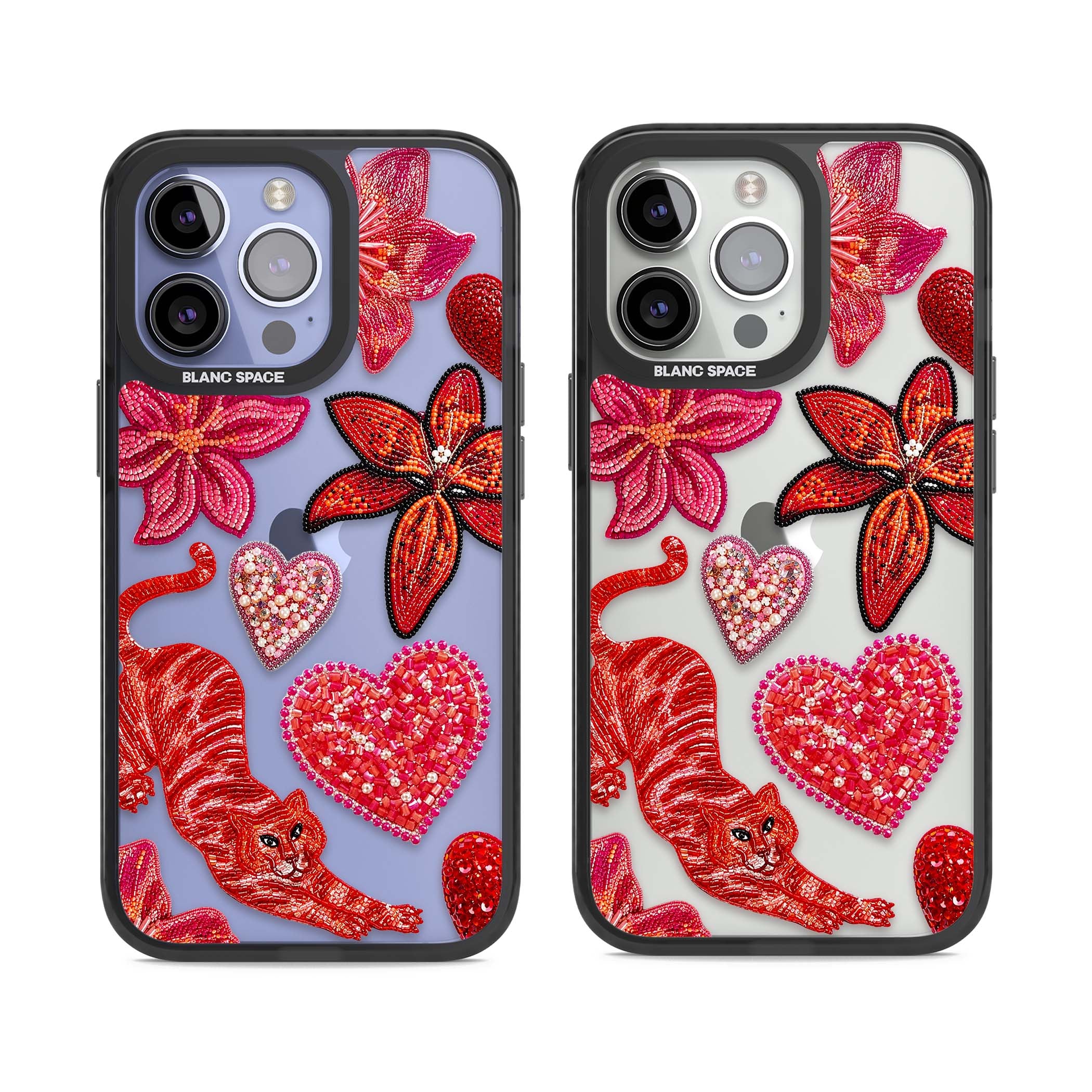 Beaded Boho floral iPhone case featuring beaded red lilies, a stitched tiger, and pearl-encrusted hearts on clear | Black Impact case for iPhone 13 Pro, iPhone 14 Pro, iPhone 15 Pro