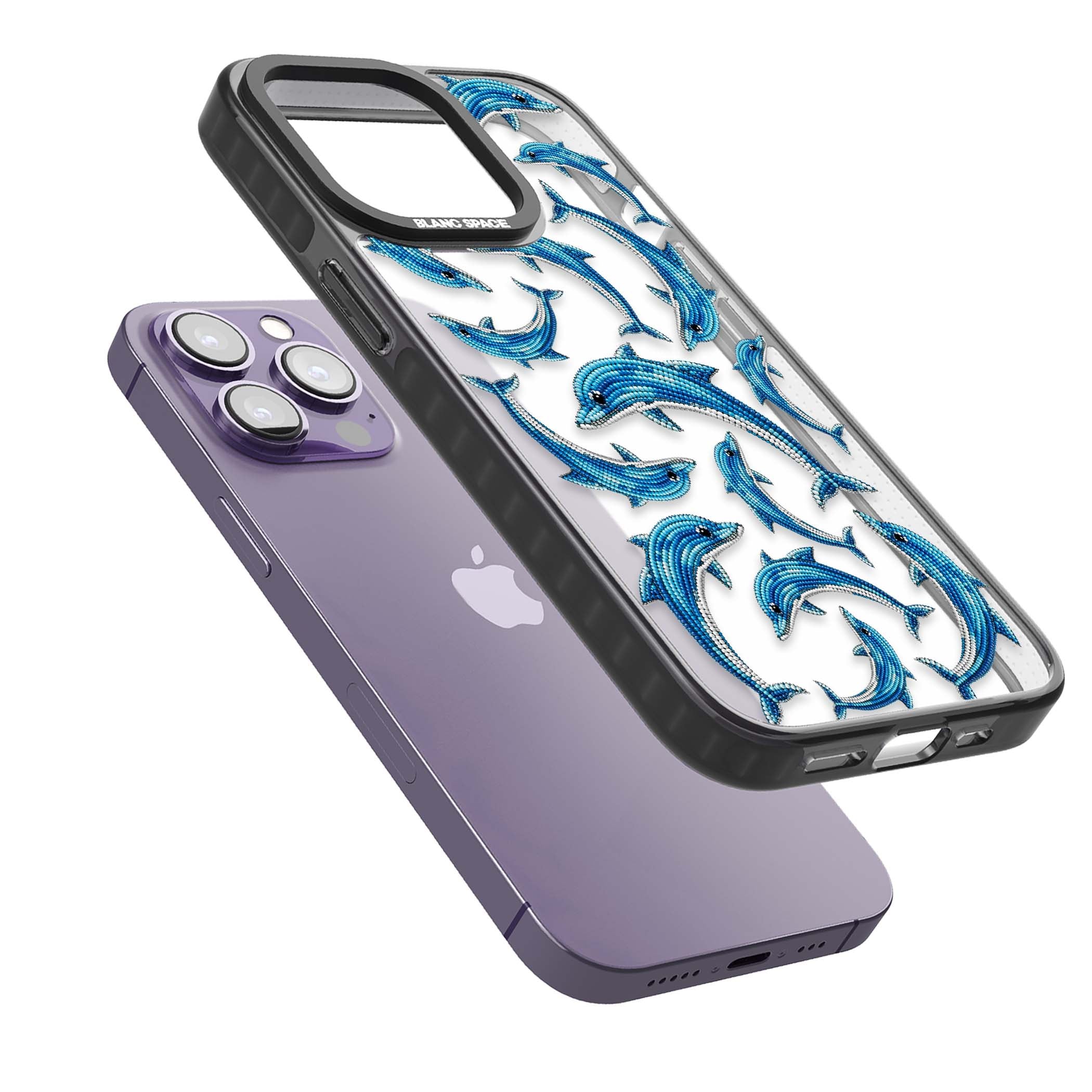 Beaded Dolphins coastal iPhone case featuring beaded dolphins in blue and white swimming across a clear background | Black Impact case for iPhone 13 Pro, iPhone 14 Pro, iPhone 15 Pro