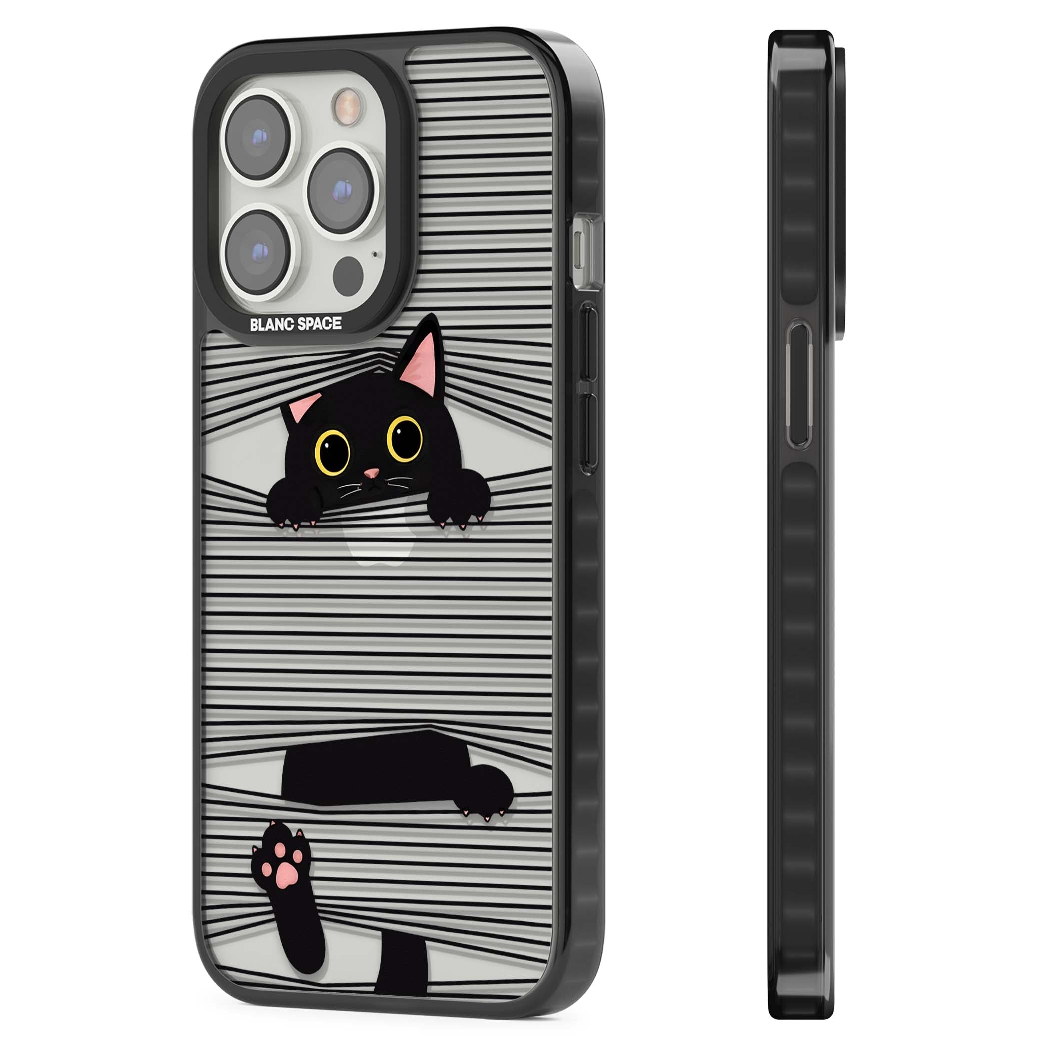 Peek-a-Boo Cat minimal iPhone case featuring black cat peeking through horizontal black and white stripes | Black Impact case for iPhone 13 Pro, iPhone 14 Pro, iPhone 15 Pro