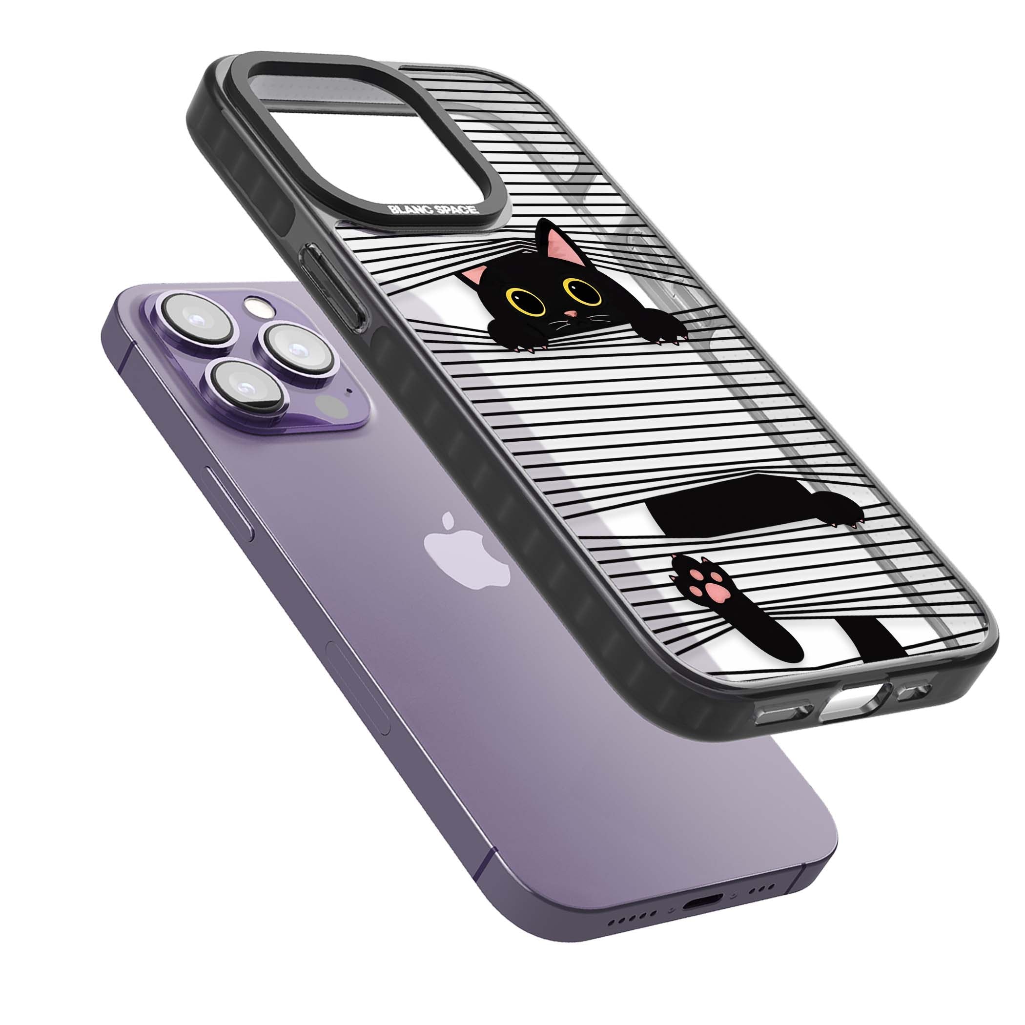 Peek-a-Boo Cat minimal iPhone case featuring black cat peeking through horizontal black and white stripes | Black Impact case for iPhone 13 Pro, iPhone 14 Pro, iPhone 15 Pro