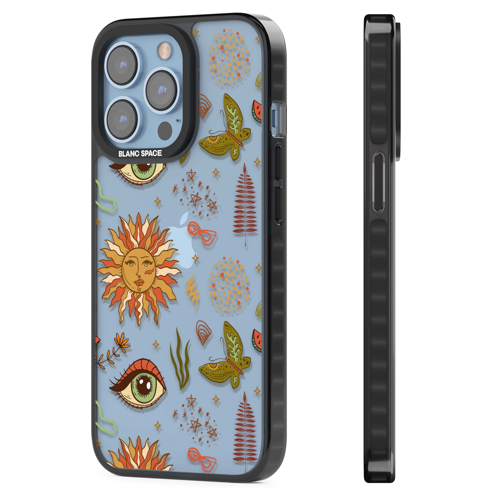 Elevate Your Phone'S Style With This Boho Celestial Sun & Eye Phone Case, Featuring A Mystical Blend Of Suns, All-Seeing Eyes, Butterflies, Stars, And