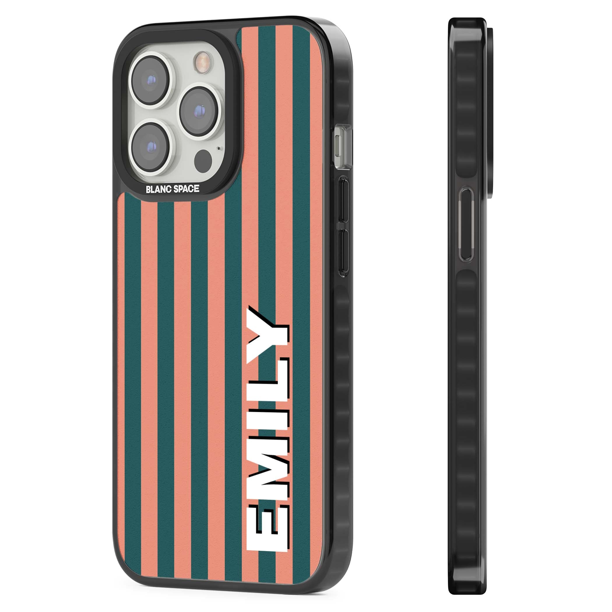 Tuscan Stripe personalised iPhone case featuring coral and green vertical stripes with bold custom name | Black Impact case for iPhone 13 Pro, iPhone 14 Pro, iPhone 15 Pro