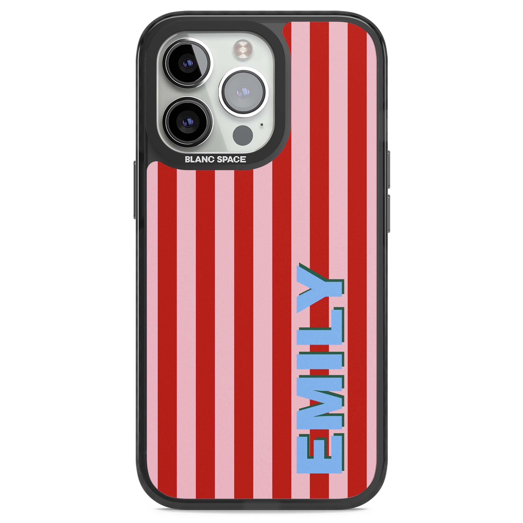 Market Stripe personalised iPhone case with red and pink vertical stripes and custom blue name | Black Impact case for iPhone 13 Pro, iPhone 14 Pro, iPhone 15 Pro