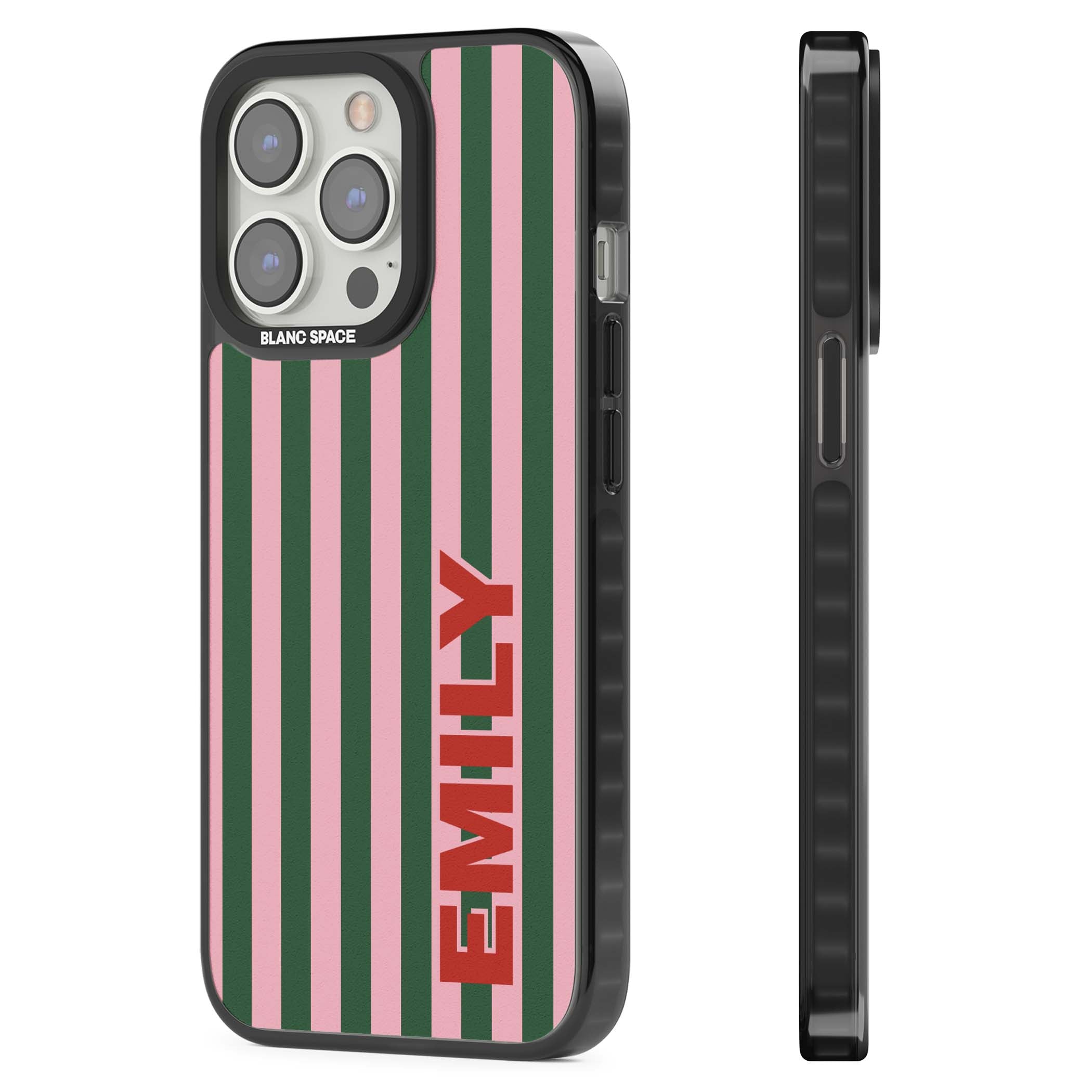 Italian Stripe preppy iPhone case featuring pink and green vertical stripes with personalised red name | Black Impact case for iPhone 13 Pro, iPhone 14 Pro, iPhone 15 Pro