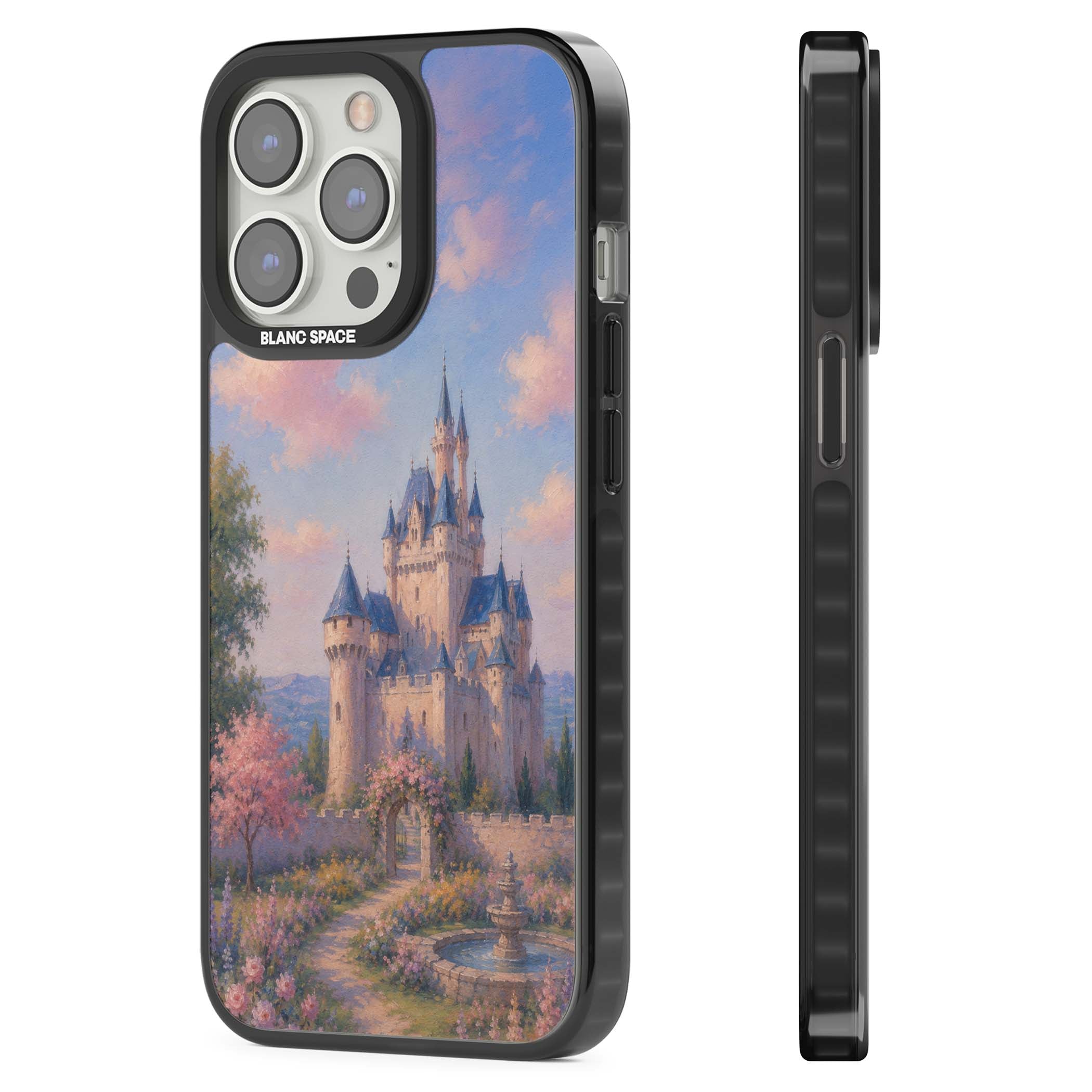 Enchanted Kingdom fairytale iPhone case featuring a romantic castle painting with cherry blossoms and pastel pink sky | Black Impact case for iPhone 13 Pro, iPhone 14 Pro, iPhone 15 Pro