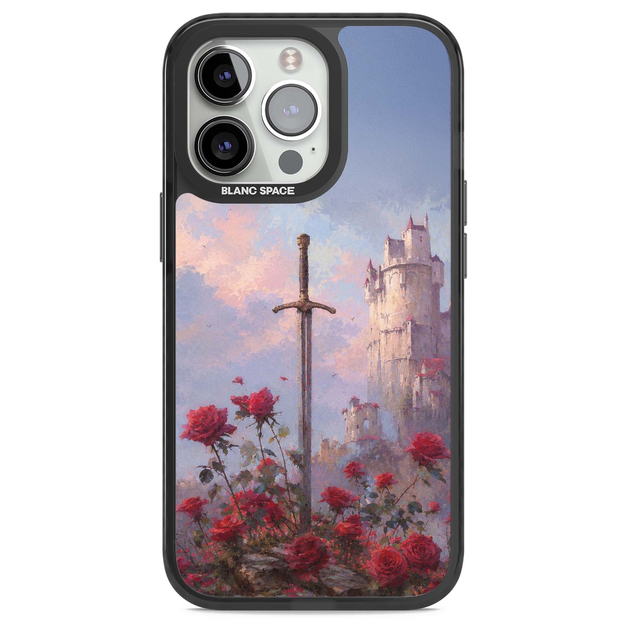 Sword in Roses medieval art iPhone case featuring a sword, red roses, and a misty fairytale castle at sunset | Black Impact case for iPhone 13 Pro, iPhone 14 Pro, iPhone 15 Pro