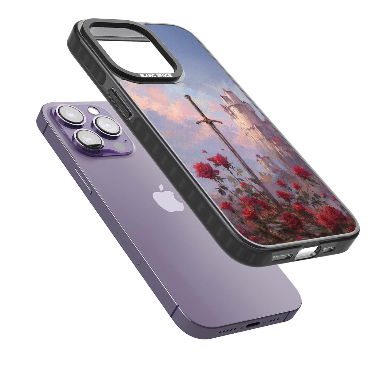 Sword in Roses medieval art iPhone case featuring a sword, red roses, and a misty fairytale castle at sunset | Black Impact case for iPhone 13 Pro, iPhone 14 Pro, iPhone 15 Pro