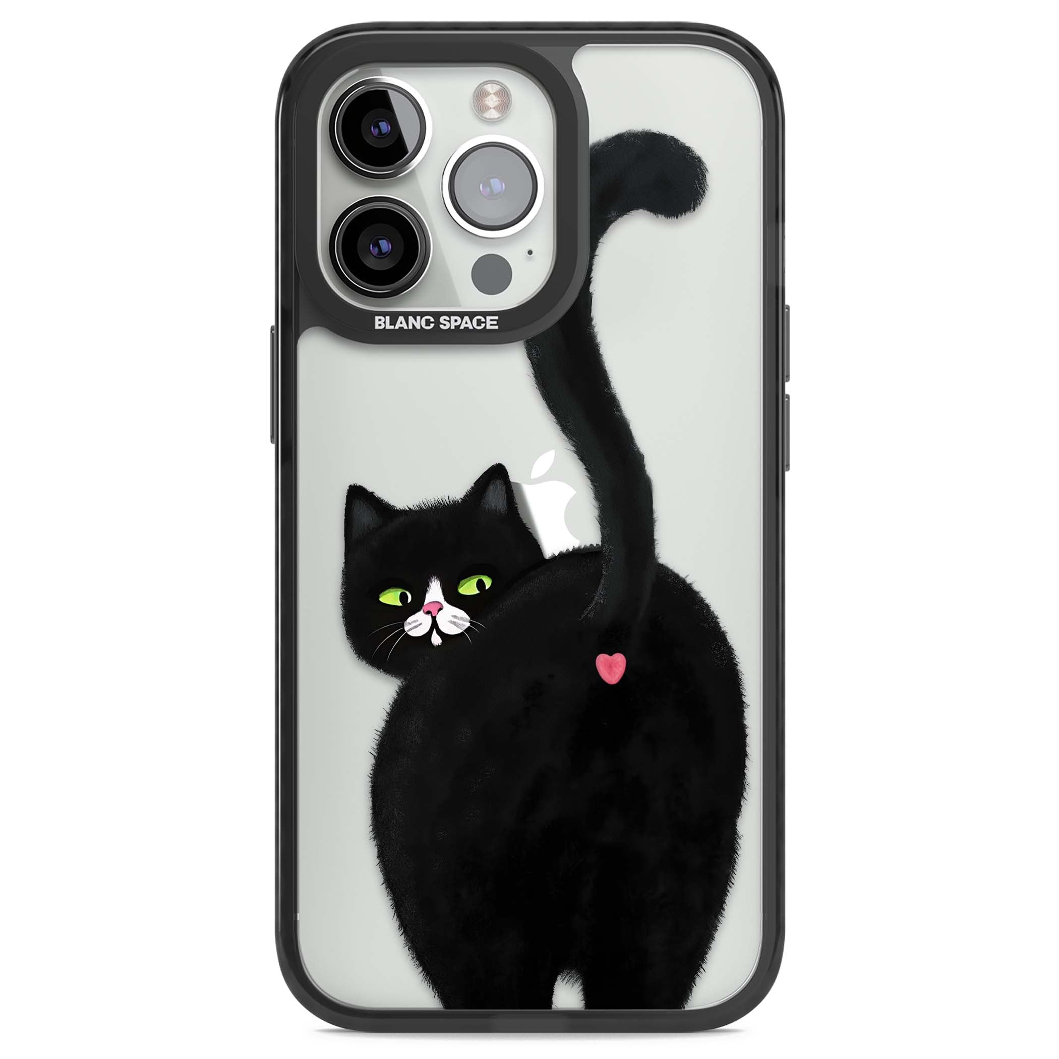 The Cat's Kiss cute cat iPhone case featuring a hand-painted tuxedo kitty with green eyes and a pink heart on a clear | Black Impact case for iPhone 13 Pro, iPhone 14 Pro, iPhone 15 Pro