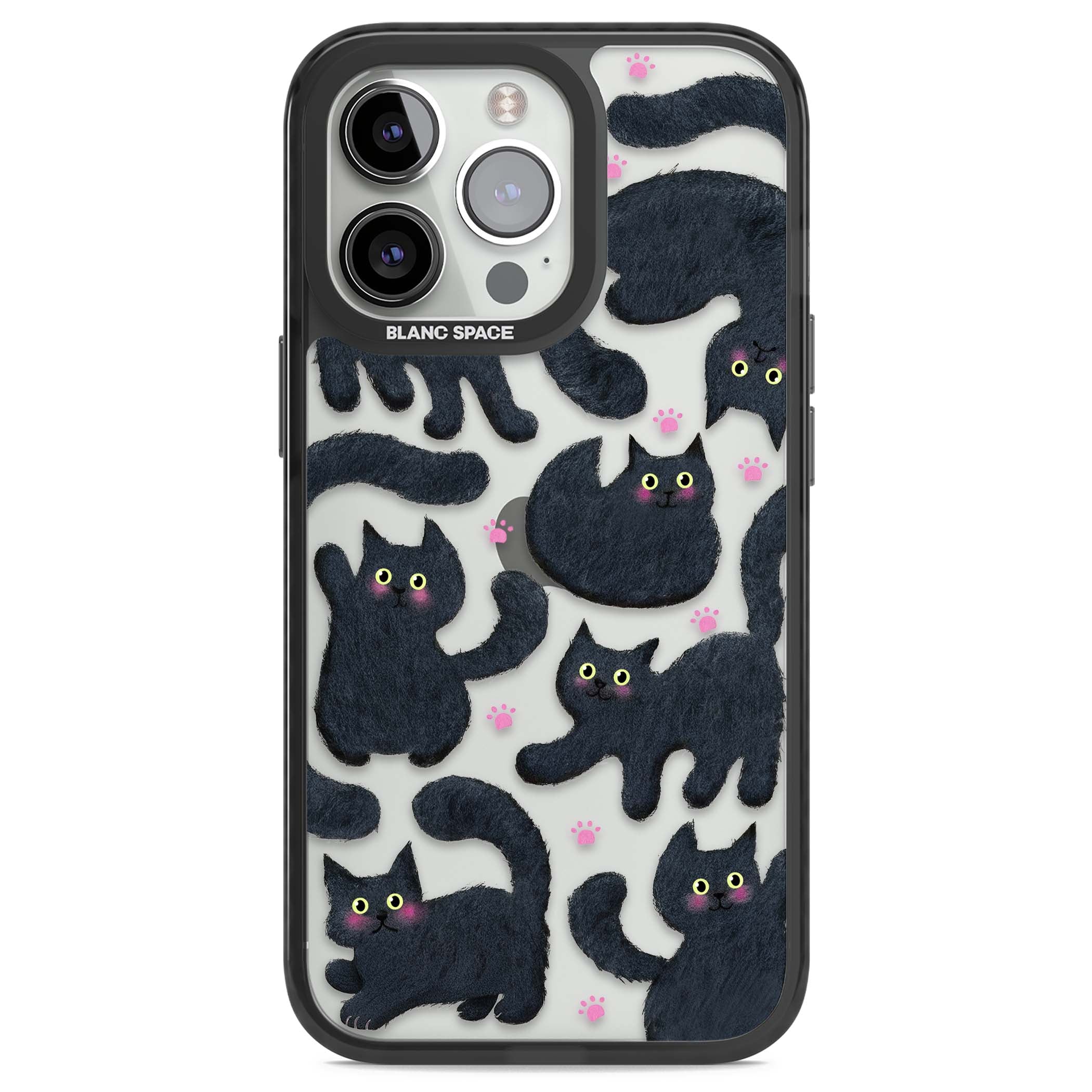 Midnight Cats cute iPhone case featuring black cat pattern with yellow eyes and pink paw prints | Black Impact case for iPhone 13 Pro, iPhone 14 Pro, iPhone 15 Pro