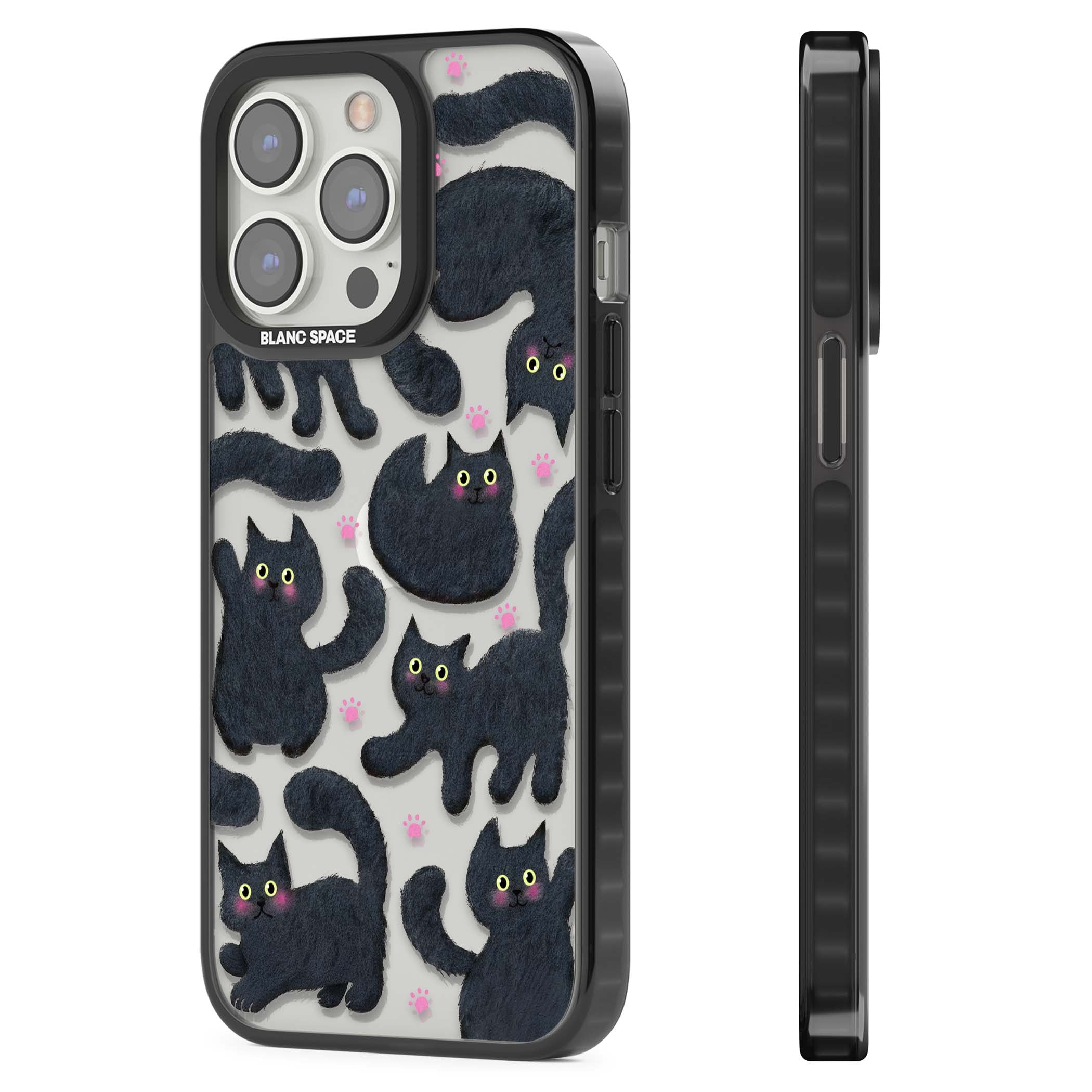 Midnight Cats cute iPhone case featuring black cat pattern with yellow eyes and pink paw prints | Black Impact case for iPhone 13 Pro, iPhone 14 Pro, iPhone 15 Pro