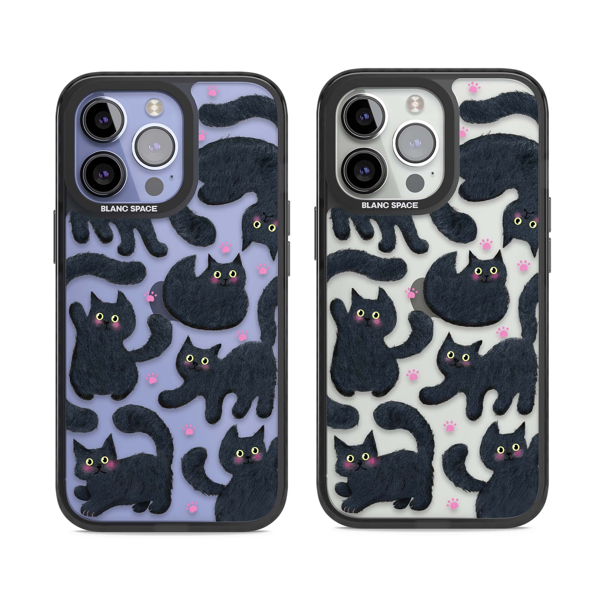 Midnight Cats cute iPhone case featuring black cat pattern with yellow eyes and pink paw prints | Black Impact case for iPhone 13 Pro, iPhone 14 Pro, iPhone 15 Pro