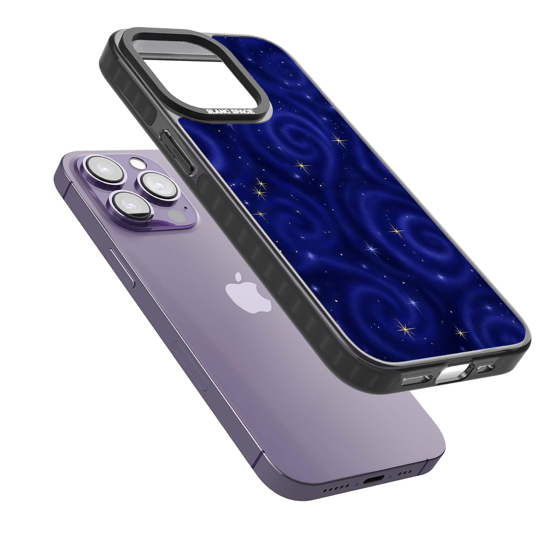 Indigo Cosmos celestial iPhone case featuring swirling navy night sky and sparkling golden stars | Black Impact case for iPhone 13 Pro, iPhone 14 Pro, iPhone 15 Pro
