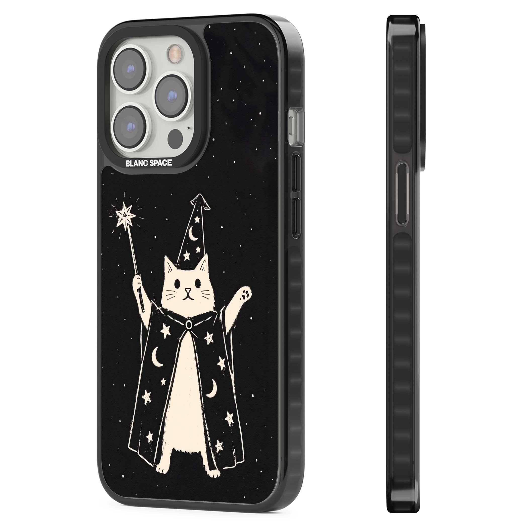 Whisker Wizard celestial cat iPhone case featuring a wizard cat with magic wand, starry night sky and crescent moons | Black Impact case for iPhone 13 Pro, iPhone 14 Pro, iPhone 15 Pro