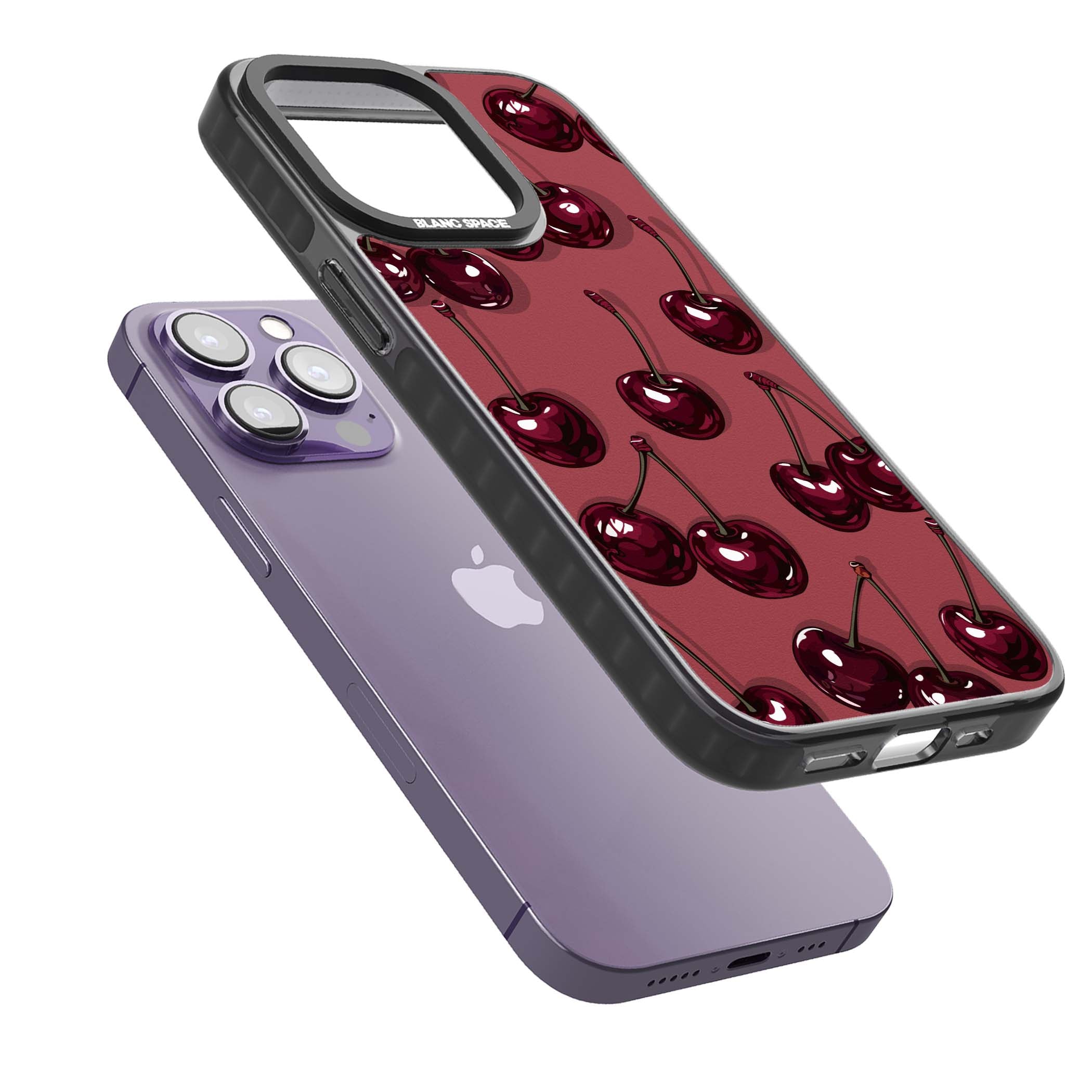 Cherry Rebel coquette iPhone case featuring glossy burgundy cherries on a dusty rose background | Black Impact case for iPhone 13 Pro, iPhone 14 Pro, iPhone 15 Pro